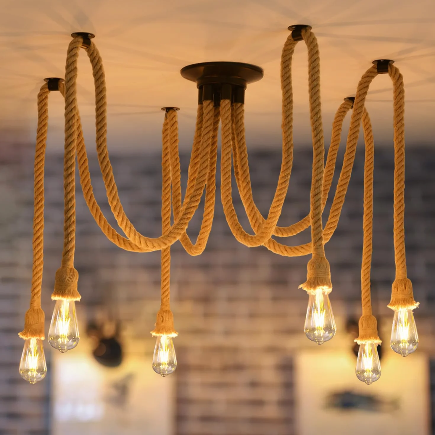 ANWIO Lampa sufitowa z liny konopnej, pająk, żyrandol, lina konopna, "zrób to sam", lampa sufitowa retro, lampa wisząca E27, do jadalni, salonu, jadalni, hotelu, dekoracja (6 żarówek)