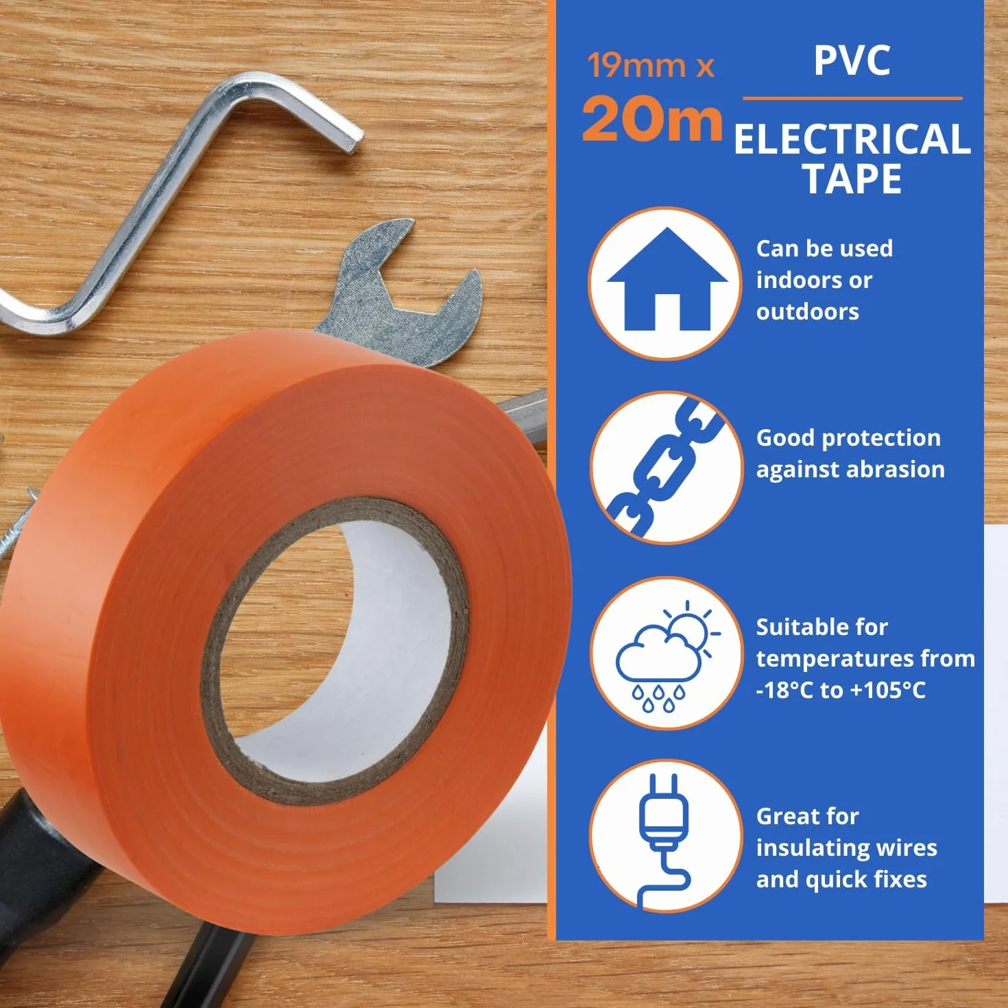 GOCABLETIES Pomarańczowa taśma elektryczna, 19 mm x 20 m, mocna, samoprzylepna taśma izolacyjna PCW do izolacji, naprawy i ochrony przewodów elektrycznych, 1 rolka