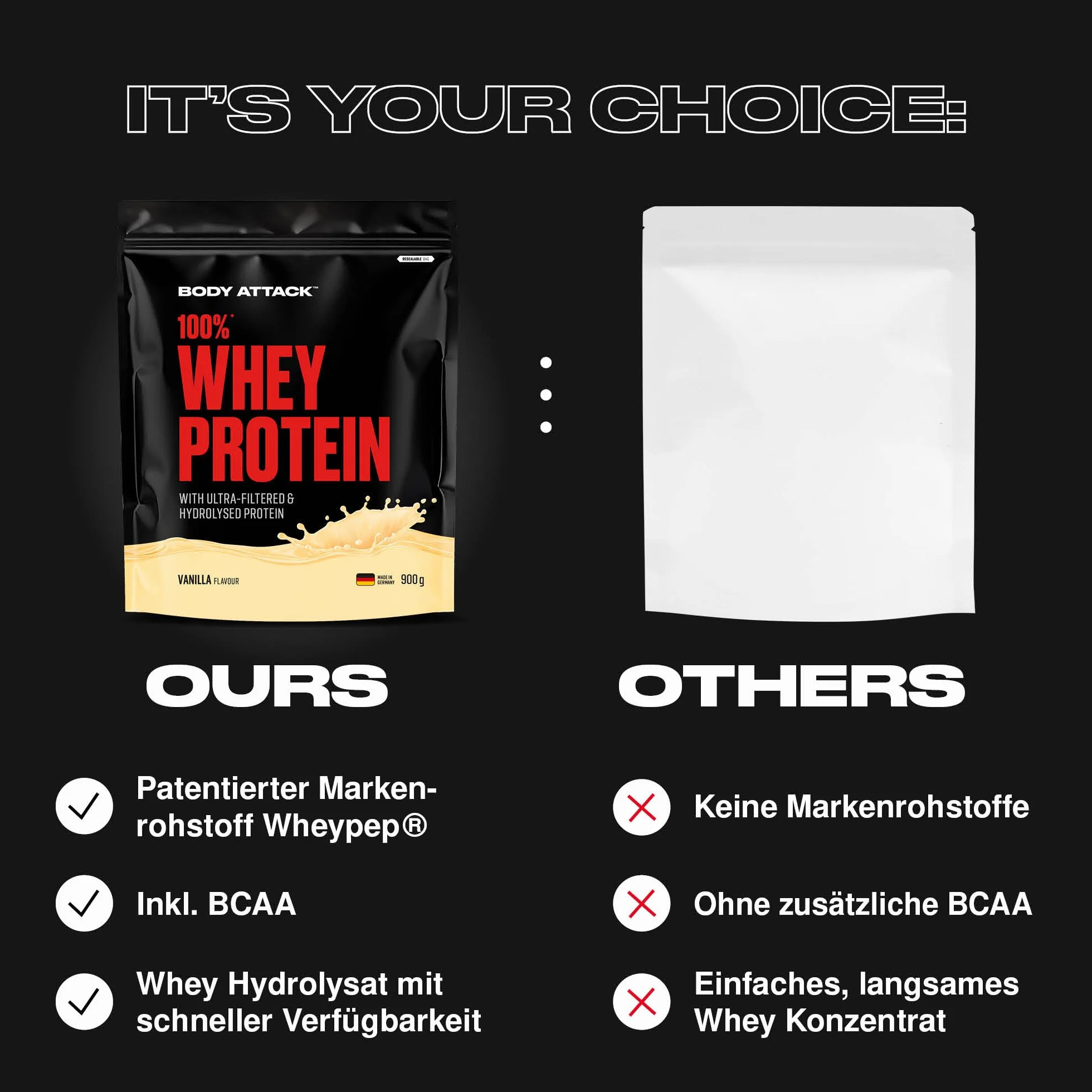 Body Attack 100% WHEY PROTEIN – wanilia – 900 g – Made in Germany – ekstra kremowy proszek białkowy z hydrolizatem i BCAA's, wspomaga budowę mięśni i dietę