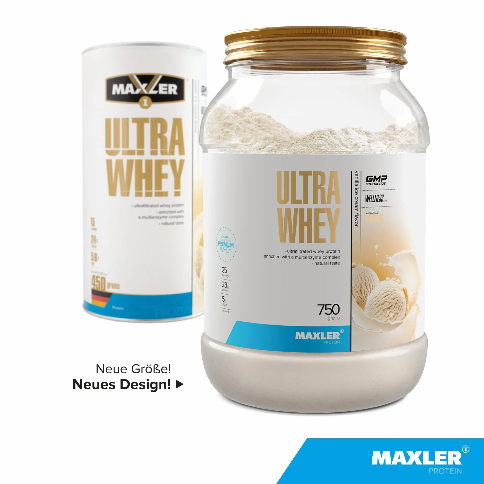 Maxler Ultra Whey Protein - 23 g białka w porcji - Pure Whey Protein Powder - Koncentrat białka serwatki, Izolat białka serwatki, Hydrolizat białka serwatki - Z BCAA - Lody waniliowe - 750g