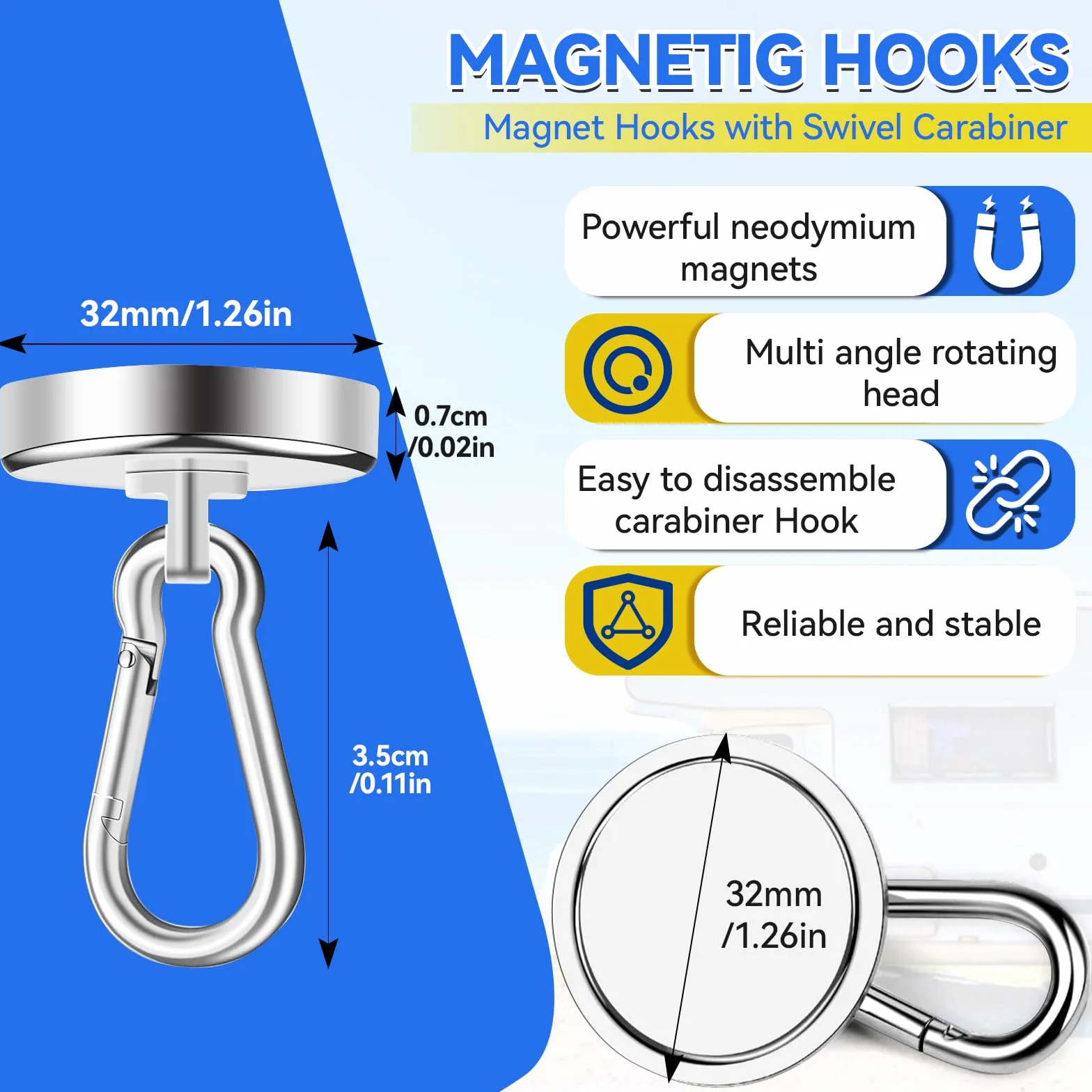 Haczyki magnetyczne, ekstra mocne, 27 kg, magnesy neodymowe z haczykami, 32 mm grubości magnesy, karabińczyk, haczyk z oczkami, do kuchni, na kemping, do garażu, biura (2 szt