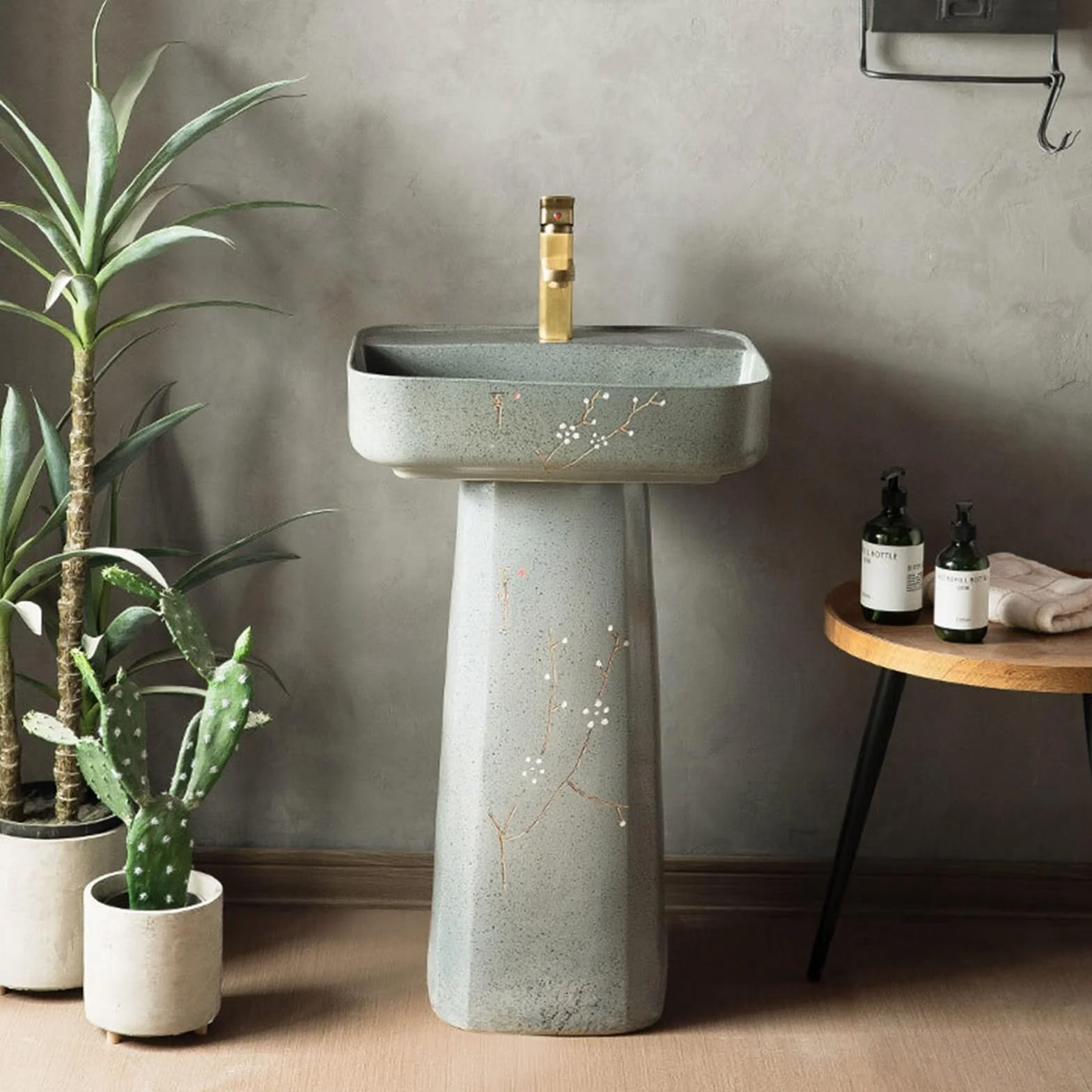 Umywalka łazienkowa na cokole, umywalka łazienkowa z cokołem chińskim w stylu vintage, umywalka łazienkowa z ceramiczną podstawą, dwuczęściowy zlew podłogowy (B)