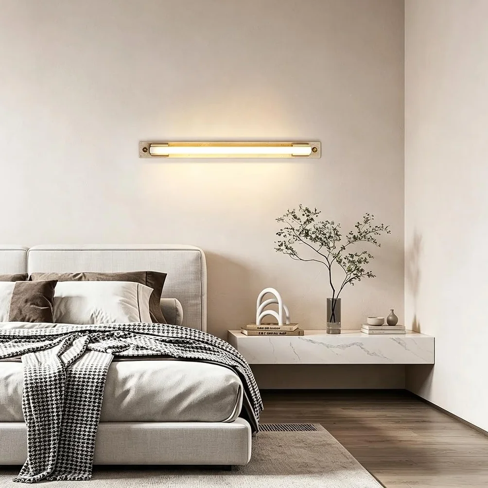 YUPIN Wabi Sabi Minimalistyczna Lampa Ścienna Z Trawertynu Długa LED Lampa Ścienna Z Naturalnego Kamienia Z Drewnianą Nowoczesna Liniowa Kinkiet W Skandynawskim Do Salonu Korytarza Sypialni(B,100cm)