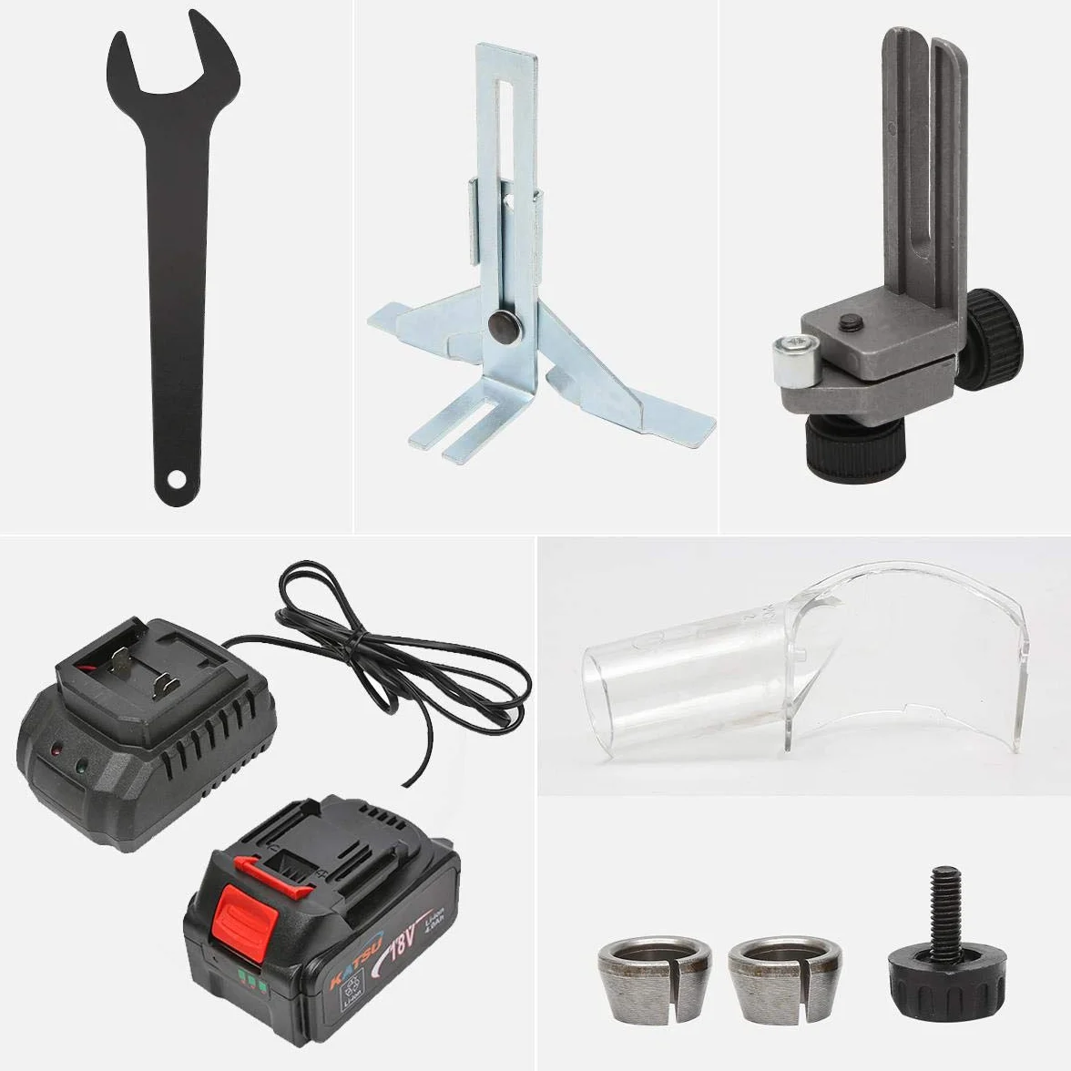 KATSU frezarka górnowrzecionowa, zestaw frezów krawędziowych, 18 V, z 3 podstawami + 3 zaciskami, 6 mm, 8 mm i 10 mm + bateria 4,0 Ah i ładowarką
