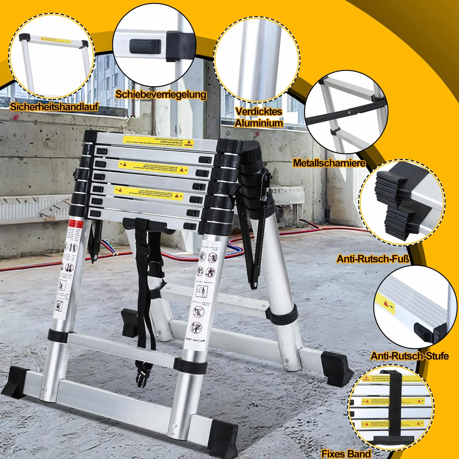 Drabina teleskopowa, składana drabina A-rama, 6 + 7 stopni, maksymalne obciążenie 150 kg, aluminiowa drabina wysuwana do naprawy dachów, składana rozmiar 69 cm