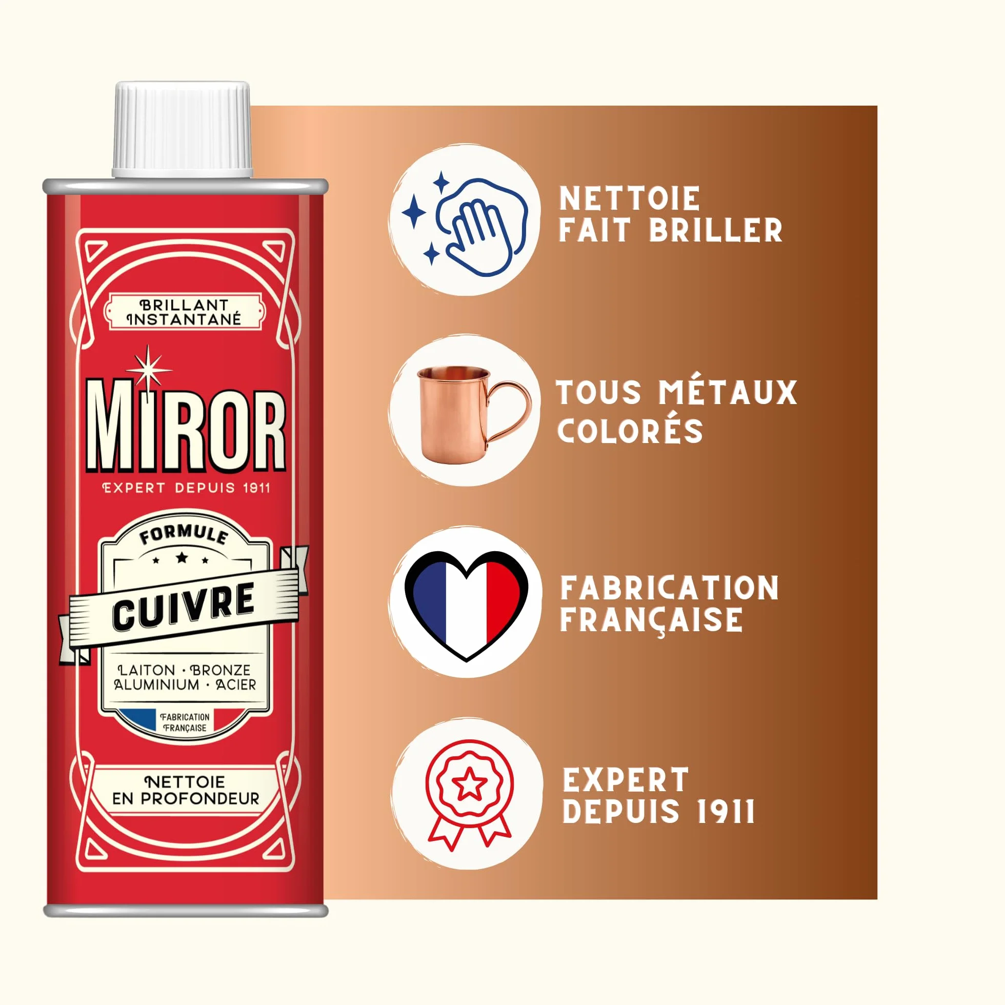 Miror Miedź - Środek do czyszczenia metali - mosiądz, brąz, aluminium, stal i cynk - Czyści i błyszczy - Przeciwutleniacz - Wyprodukowano we Francji - Facon 250ml