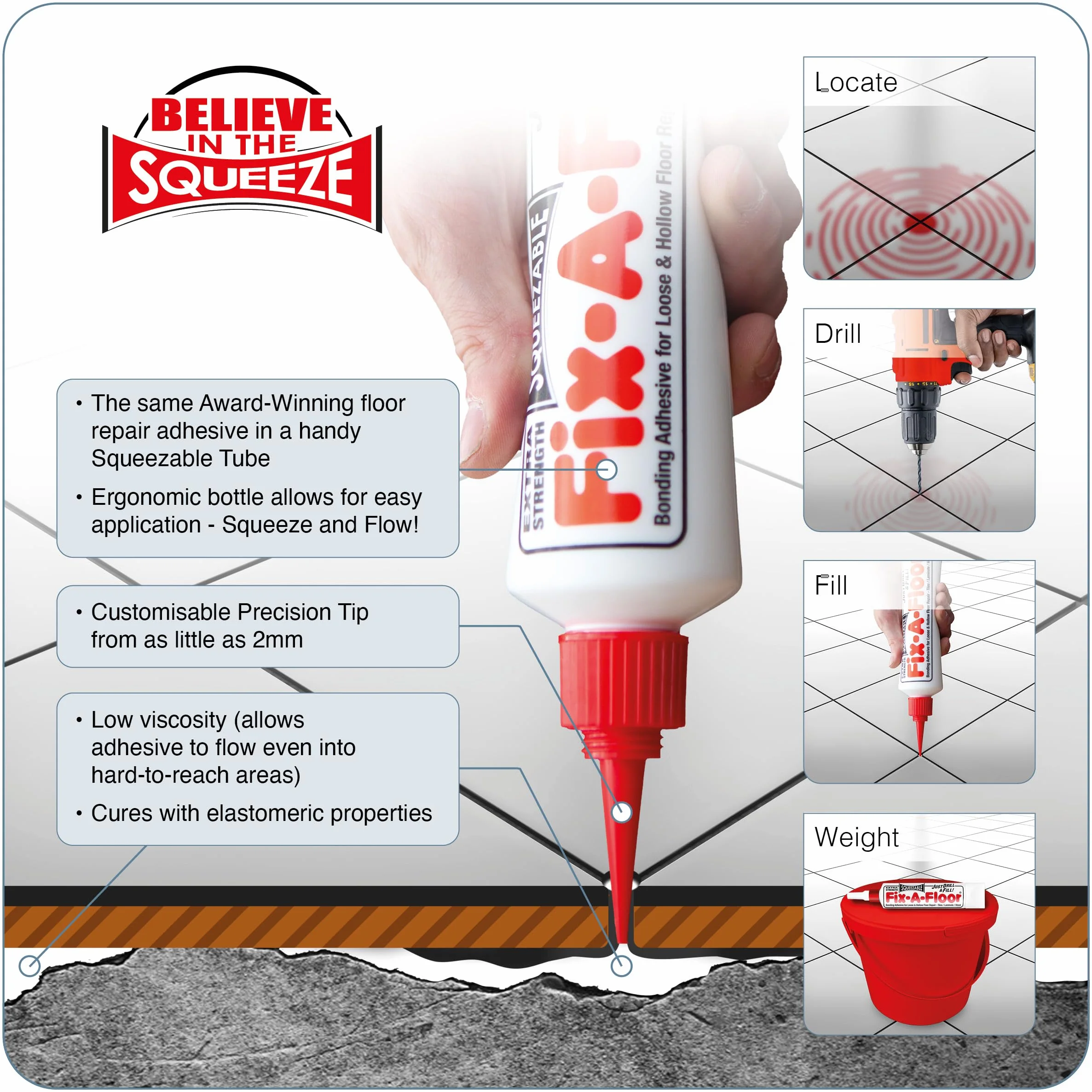 Fix-A-Floor Squeezy All-in-One Klej naprawczy do luźnych, pustych i skrzypiących płytek, drewna, LVT, LVP i podłóg laminowanych
