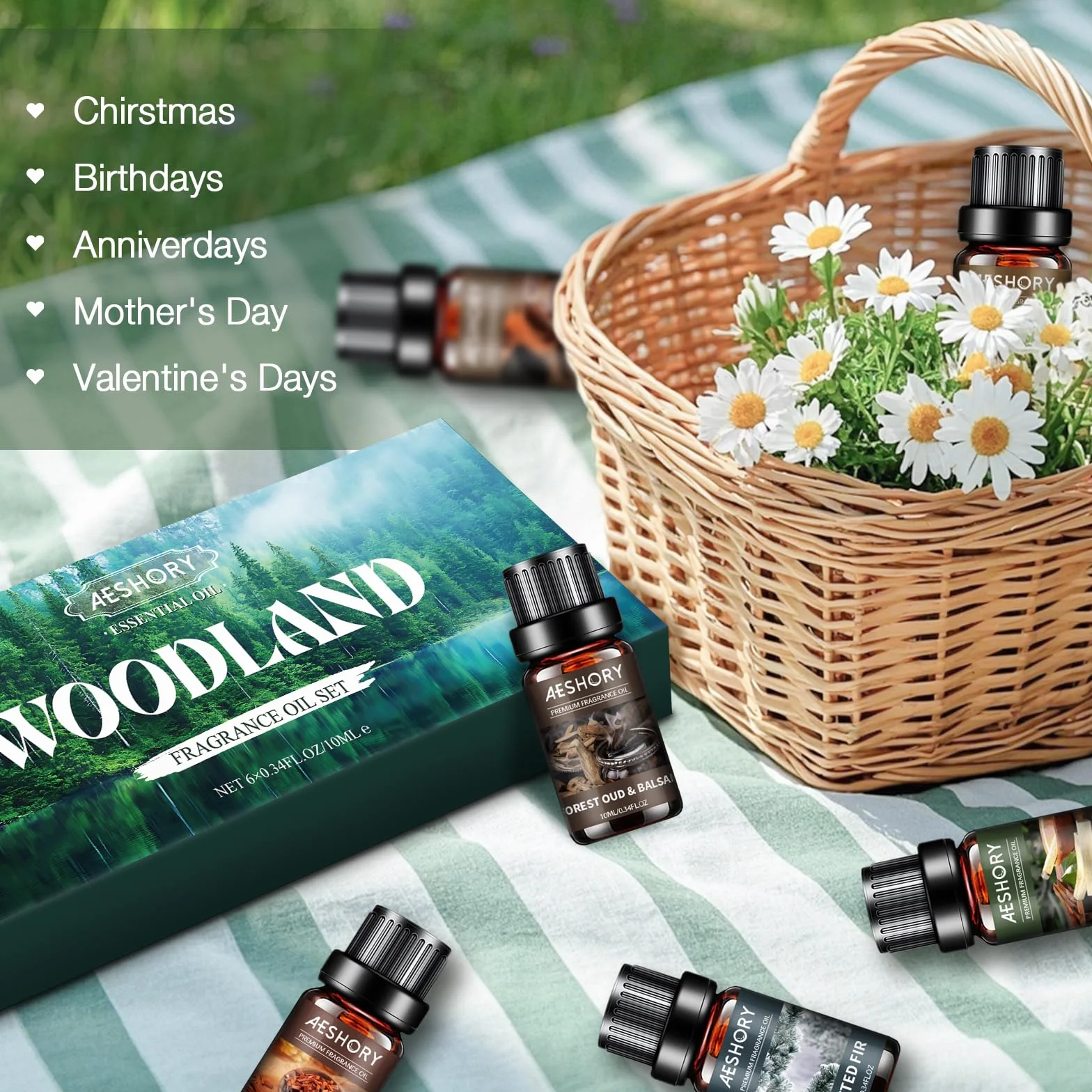 Aeshory 6 x 10 ml Seria Leśna Zestaw Olejków Eterycznych, Naturalne Olejki Zapachowe Do Dyfuzora – Hikora I Zamsz, Drzewo Sandałowe I Wanilia, Oszroniona Jodła, Palo Santo I Mahoń, Cedr I Bursztyn