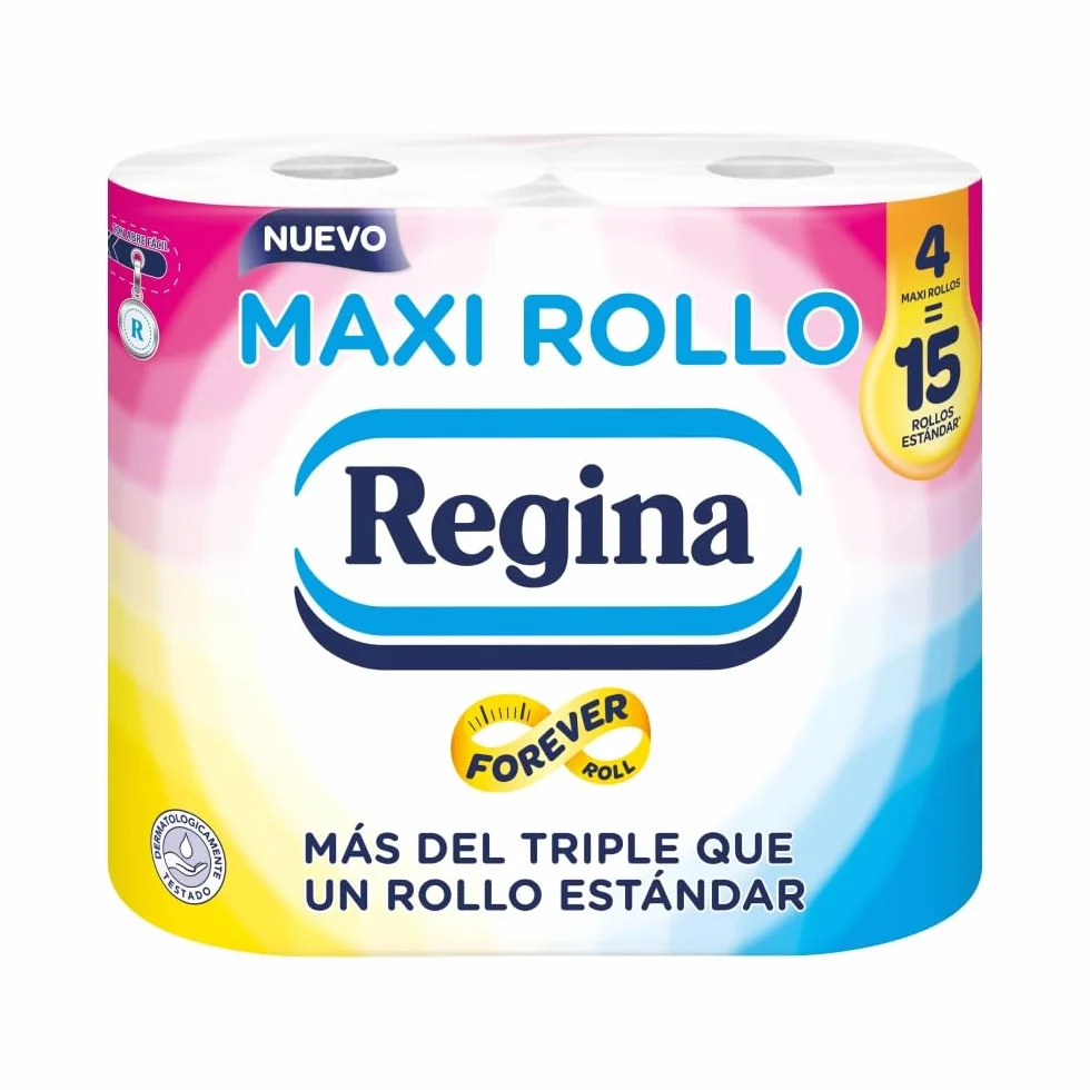 Regina Maxi Rolka – 4 rolki papieru toaletowego, 500 arkuszy 2 warstw na rolkę, więcej niż standardowa rolka, 60% plastikowy pojemnik z recyklingu w 100% z certyfikatem FSC®