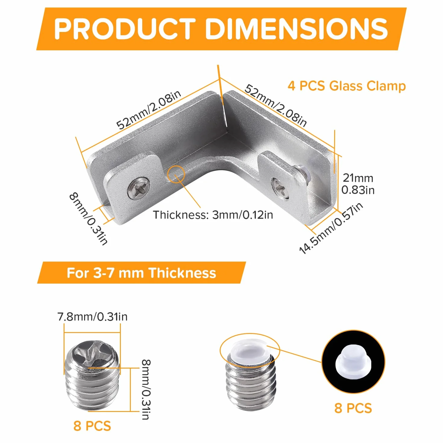 4 Sztuk 8mm Zacisku do Szkła, Uchwyt do Szkła ze Stopu Aluminium, Regulowany Zacisk do Szkła, Zacisk do Mocowania Szkła, do Szkła o Grubości 3-7 mm, Kształcie L