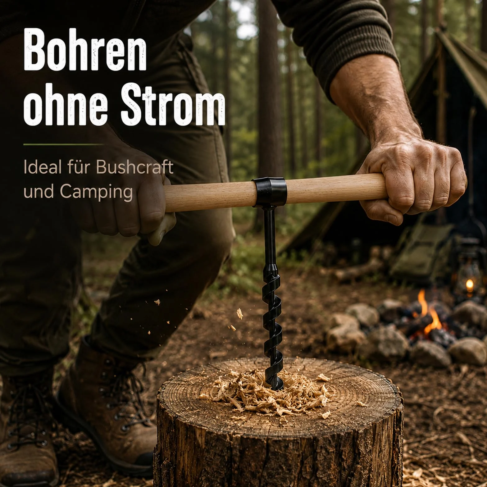 Bushcraft 4-częściowy zestaw wierteł ręcznych do drewna z drewnianym drążkiem, do obróbki drewna, do survivalu na świeżym powietrzu, na kemping, do pracy