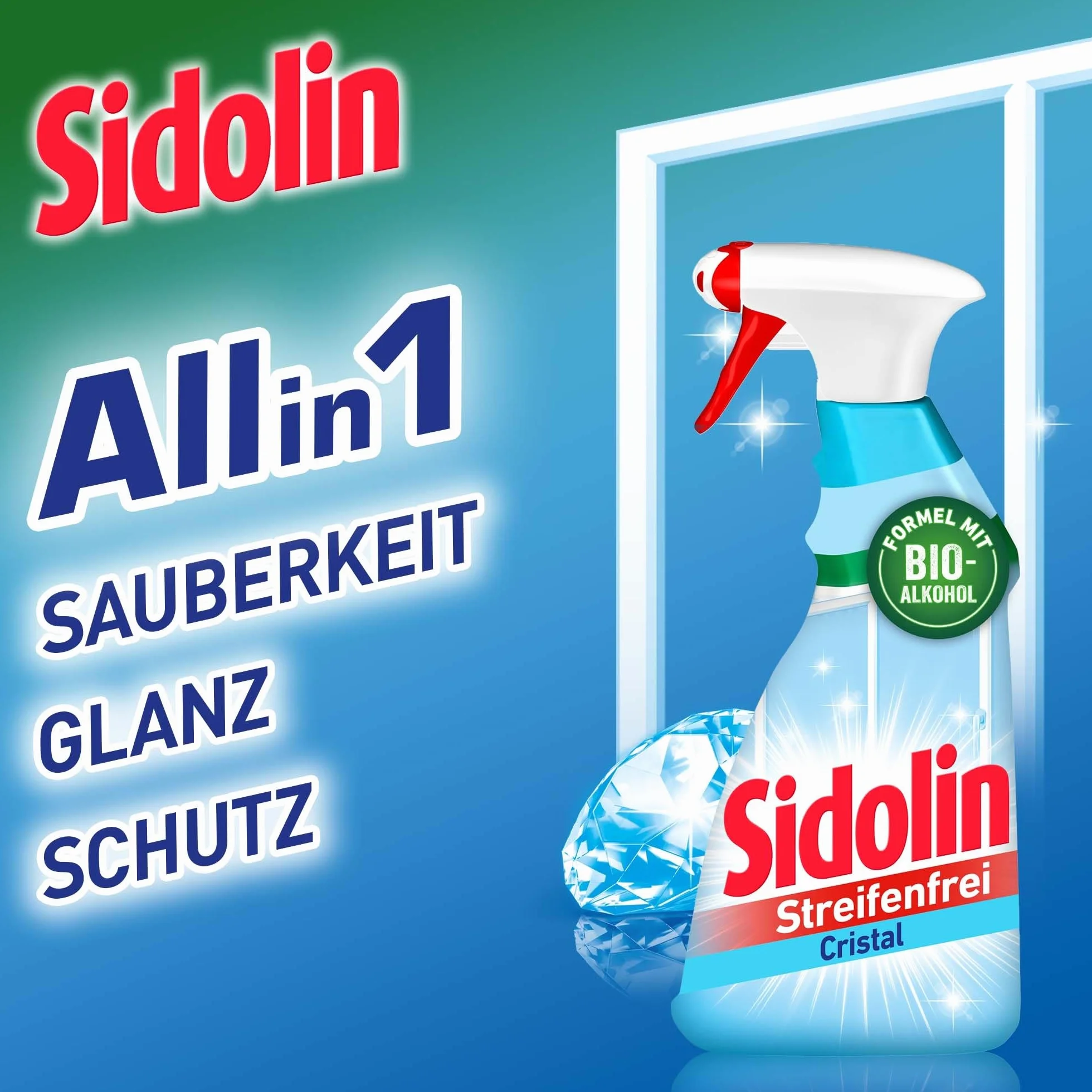 Sidolin Cristal, płyn do czyszczenia szkła (500 ml), butelka z rozpylaczem, zapewnia doskonały połysk i zapobiega mikropęknięciom