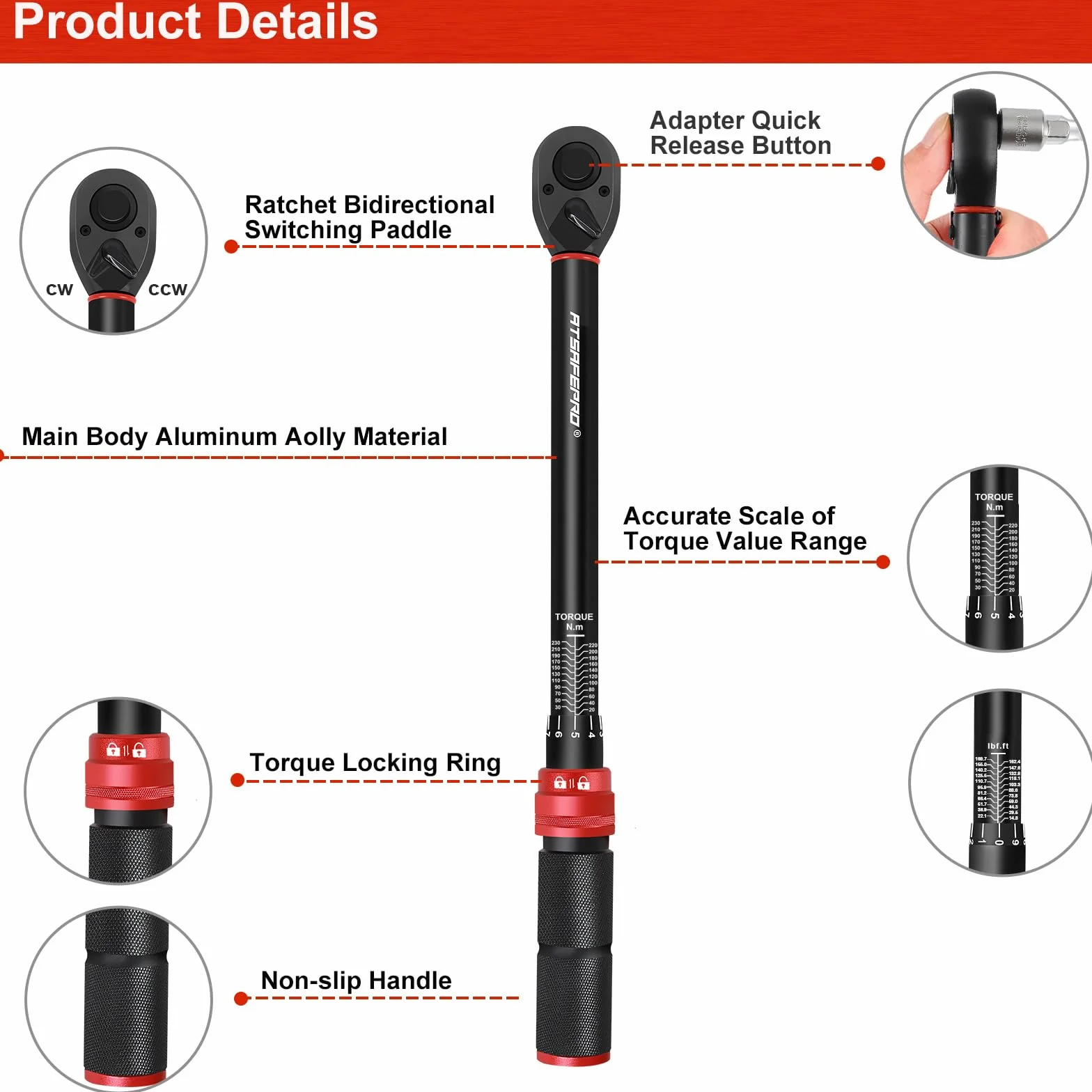 ATsafepro 1/2" Klucz momentowy, Klucz momentowy koła samochodowego 20-230 Nm z adapterem 3/8'', Dwukierunkowo regulowany 72 ząb do motocyklu samochodowego, Ciężarówka,± 3% Dokładność