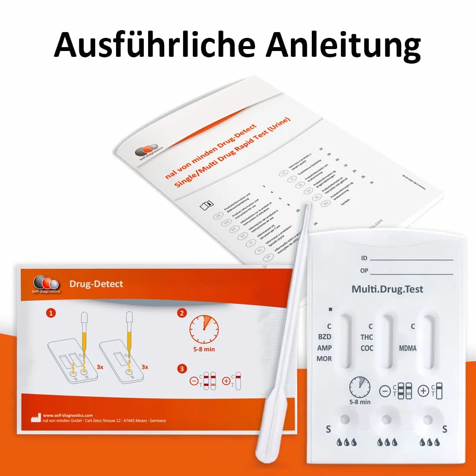 self-diagnostics Szybki test multi 6 TG – wykrywanie 6 rodzajów narkotyków amfetaminy, benzodiazepiny, kokainy, ekstazy, opiatów/morfiny i konopi (THC) – 5 min test na mocz – szybki test moczu – test
