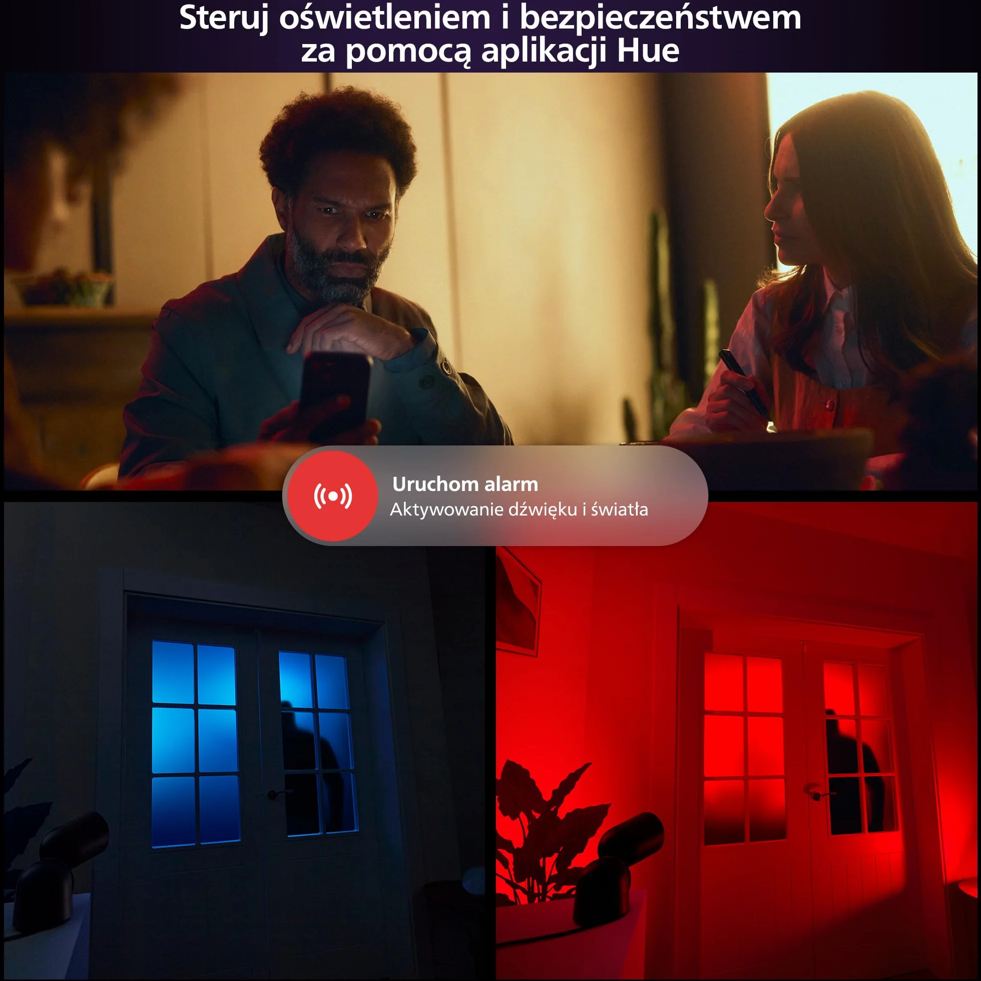 Philips Hue Secure Reflektor zewnętrzny z kamerą 1080p, czarny, do użytku na zewnątrz, łatwy w instalacji, dwukierunkowa rozmowa, współpracuje z Security Center w aplikacji Philips Hue