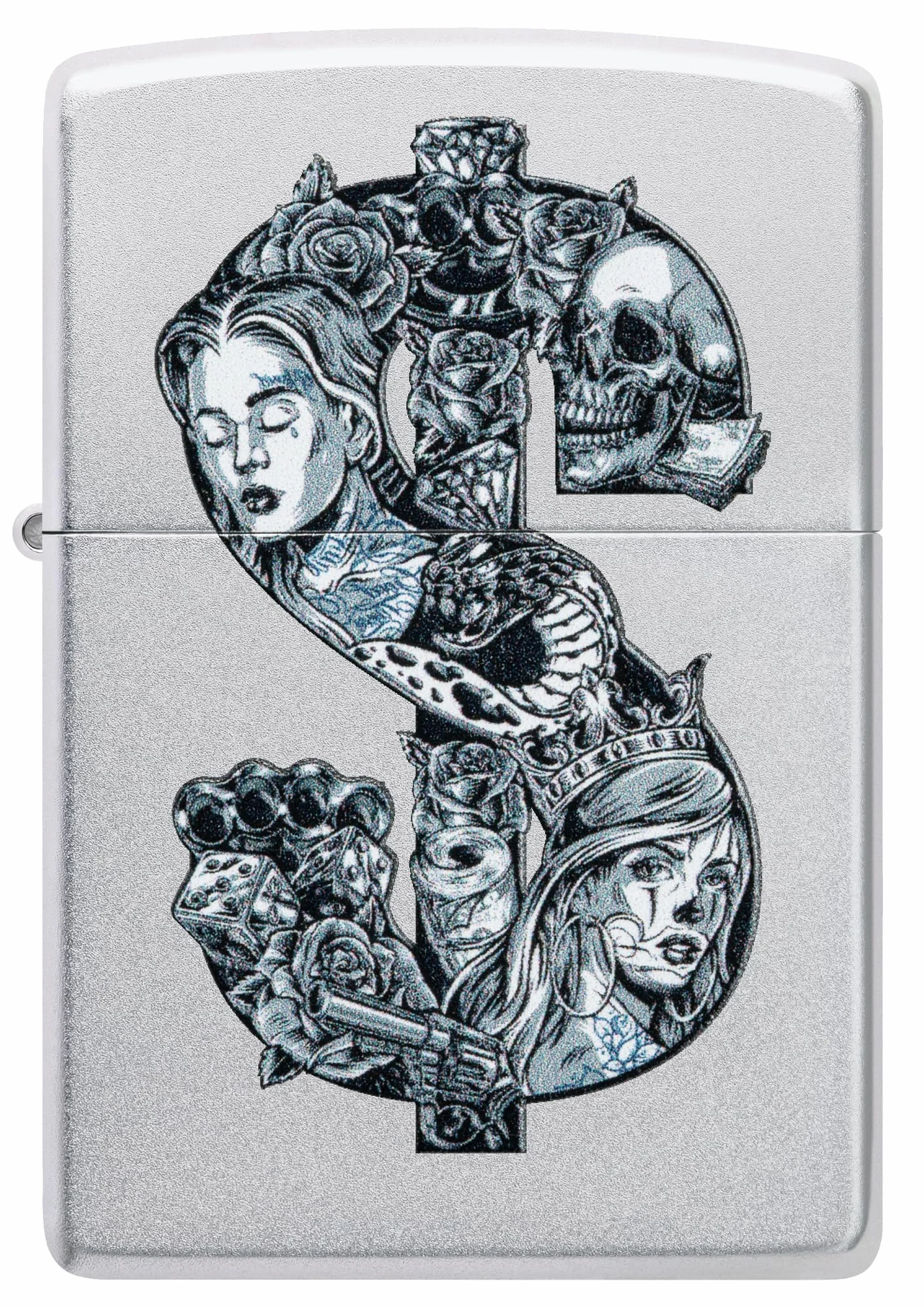 Zippo Tattoo Dollar Zapalniczka Sztormowa, Kolorowy Nadruk, do Napełniania, Wielokrotnego Użytku, Wiatroodporna Konstrukcja, Pudełko na Prezent, Wykonano w USA, Kolor Satynowy Chrom