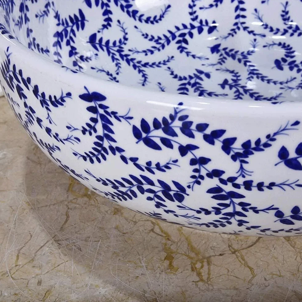 Szafka Pod Umywalkę Z Umywalką, Umywalka Nablatowa, Nowoczesna Okrągła Ceramiczna Umywalka Nablatowa, Porcelanowa Miska Nablatowa Z Ręcznie Malowanym Wzorem Liści