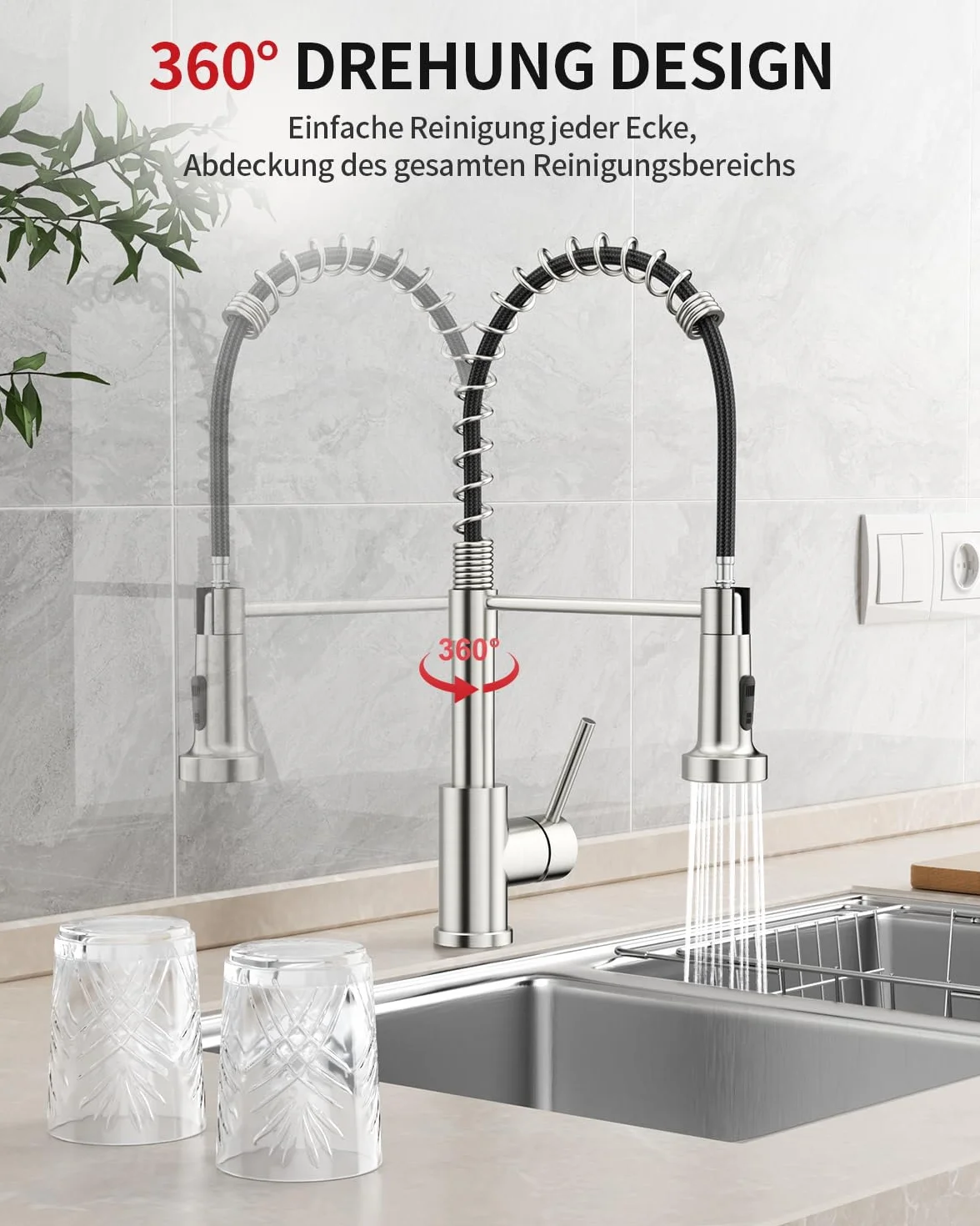 Rainsworth Kran kuchenny ze stali nierdzewnej wyciągany – dwa rodzaje strumienia wody, wysokociśnieniowa armatura kuchenna z wylewką, wysuwana, armatura zlewozmywakowa obracana o 360°, nadaje się do