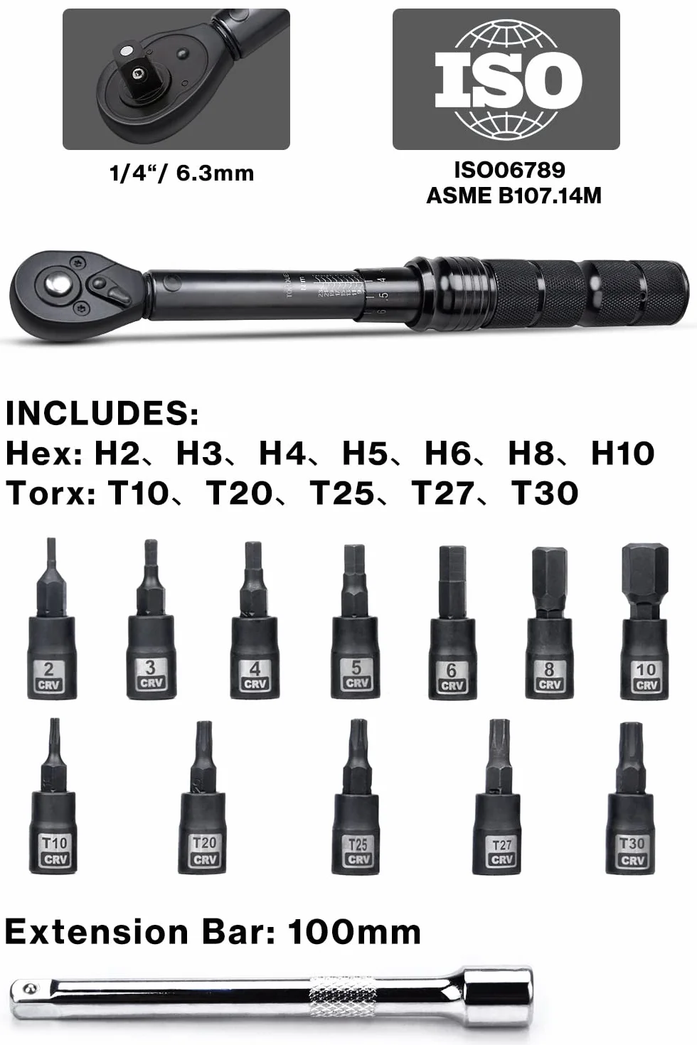 Lytool klucz dynamometryczny Klein 2-24 Nm, 1/4 cala, klucz dynamometryczny do roweru z 12-częściowym zestawem nasadkowym, przedłużaczka do roweru i motocykla, dokładność błędu ± 3%