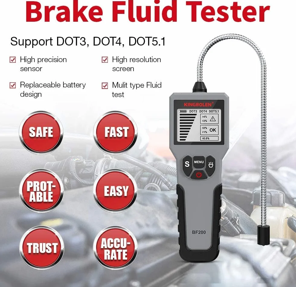 KINGBOLEN Tester płynu hamulcowego, narzędzie do diagnozy płynu hamulcowego, analizator wilgotności płynu hydraulicznego/płynu/oleju z ekranem LCD, alarm akustyczny DOT3 DOT4 DOT5.1 Tester