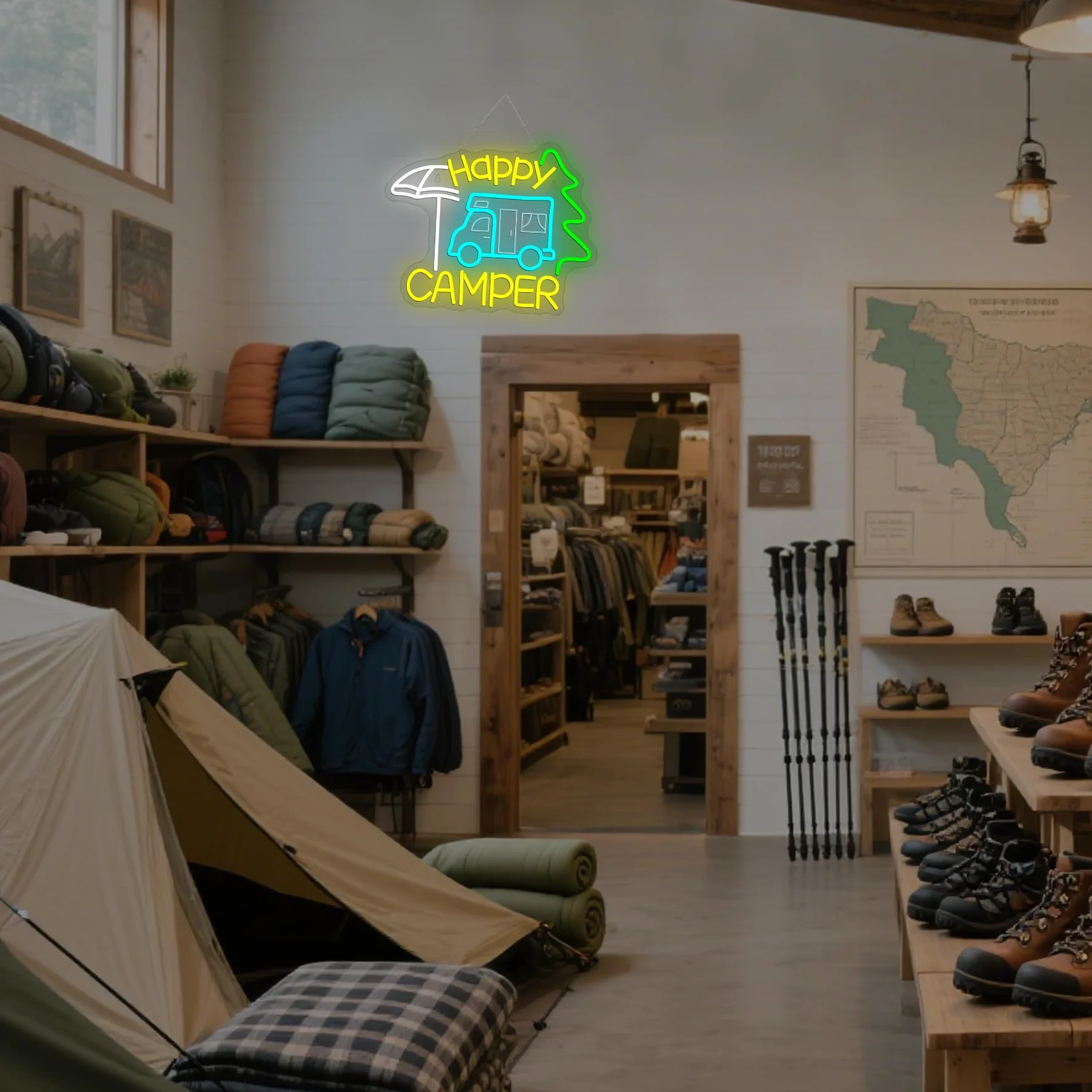 Szyld neonowy Happy Camper LED napis do kamperów reklama świetlna dekoracja kemping ogród