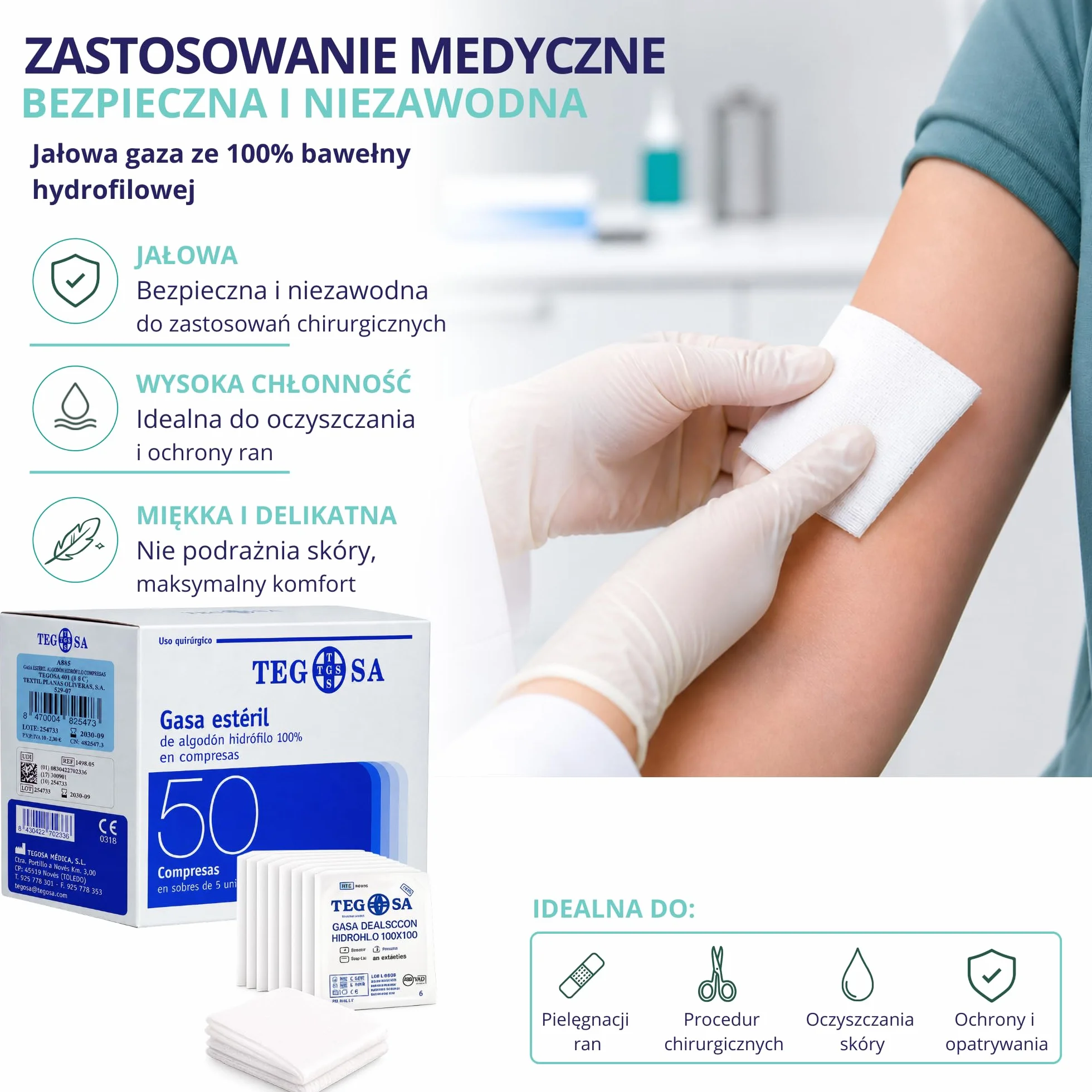 Kompresy Sterylne z Gazy 8x6 cm 50 szt. 8-warstwowa Bawełniana Jałowa Wyrób Medyczny