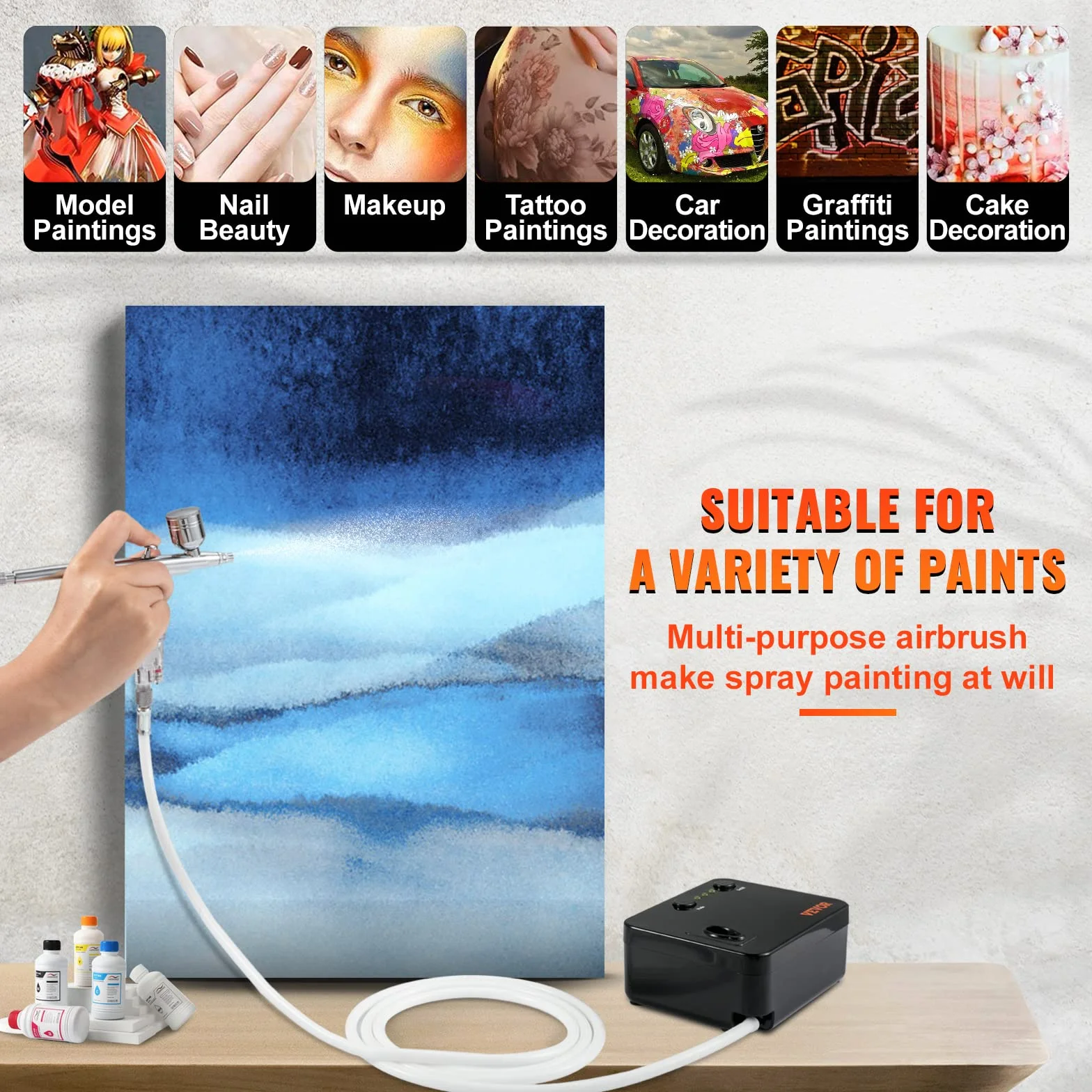 VEVOR Dual Action Airbrush zestaw z pistoletem do lakierowania, 30 psi ± 15%, kompresor powietrza 220 V, zestaw do makijażu, manicure, tatuażu, projektowania malowania, rzemiosła artystycznego