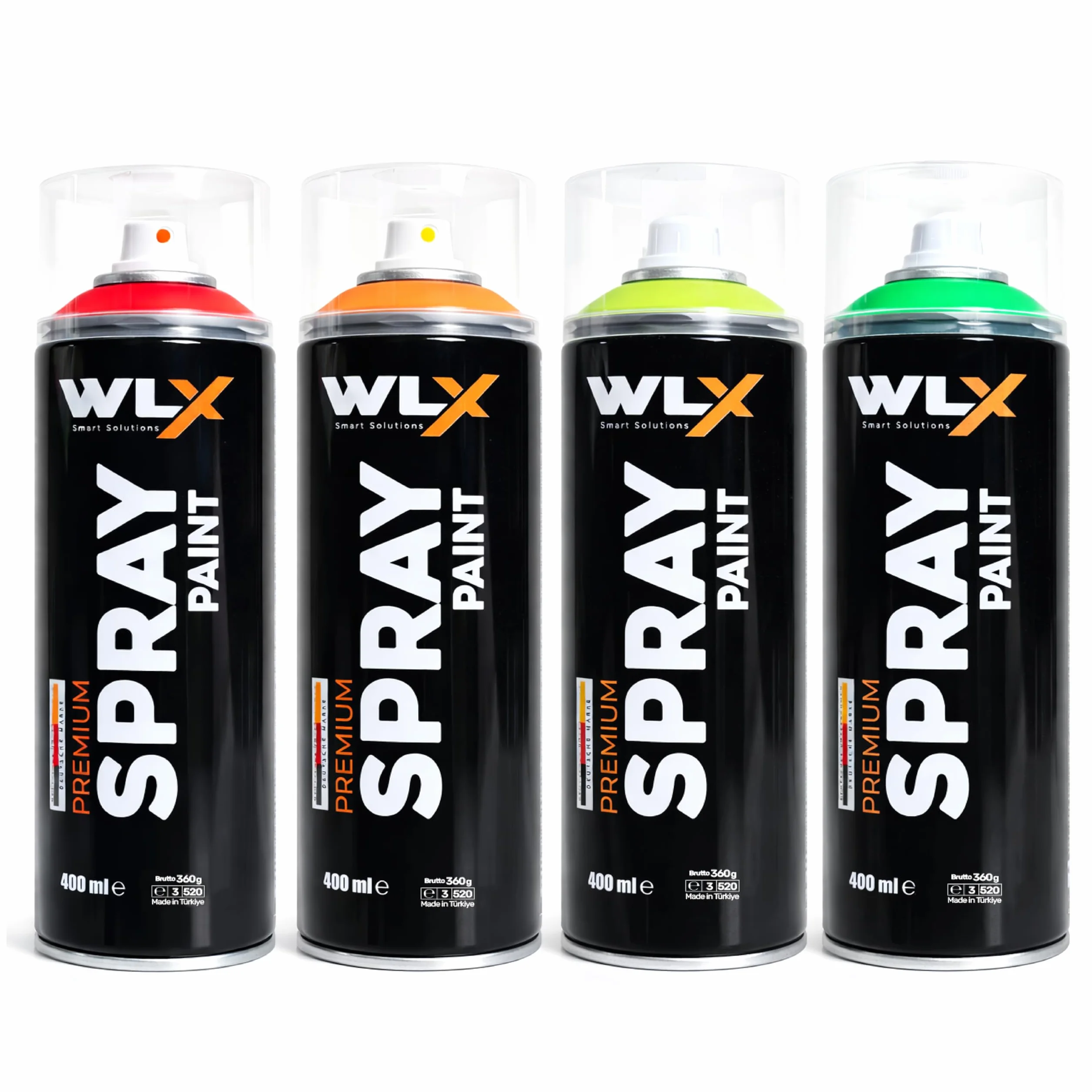 WLX Zestaw farb neonowych w sprayu, 4 kolory po 400 ml, wysoce widoczne, szybkoschnące farby fluorescencyjne do drewna, metalu, kamienia i szkła