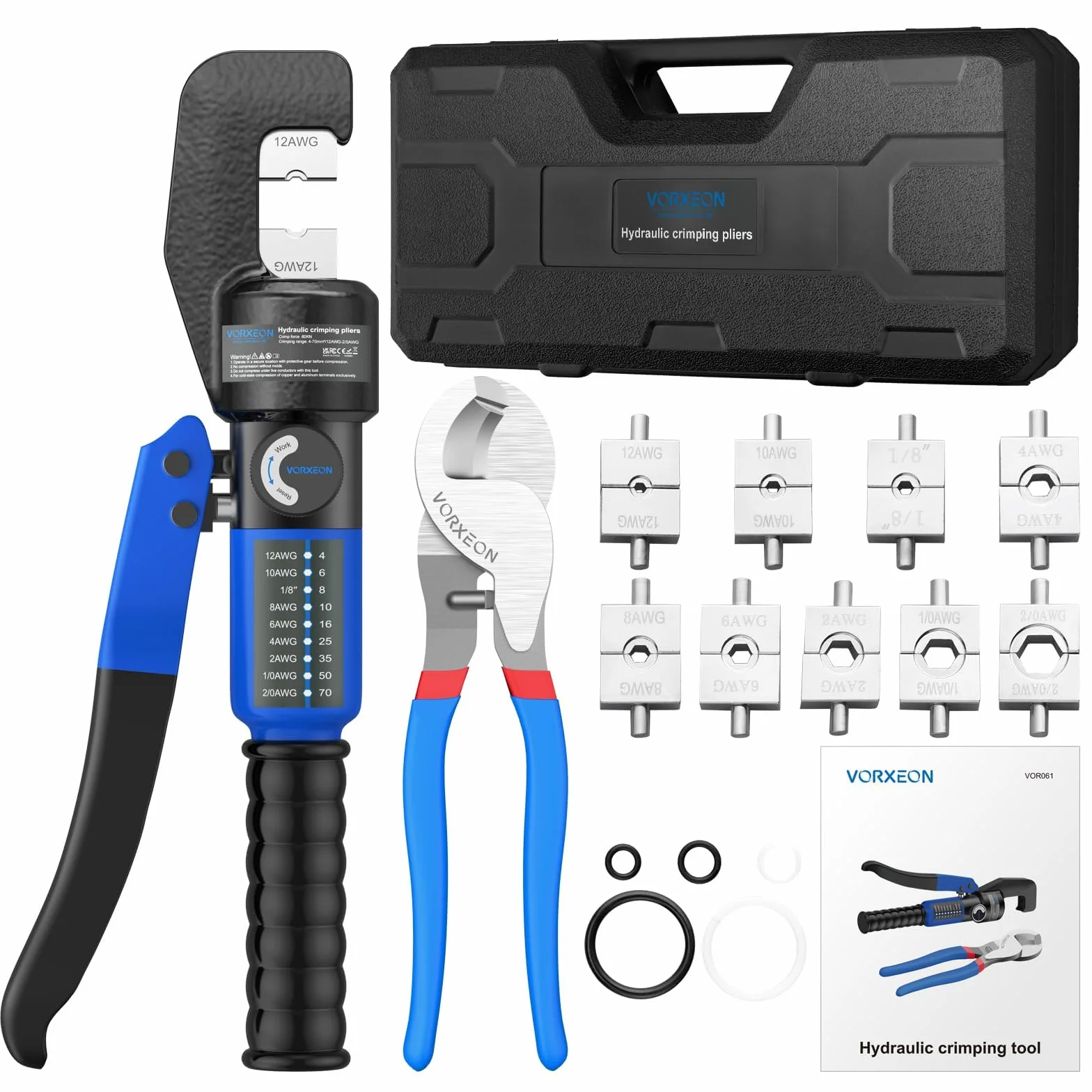 8-tonowy hydrauliczny zestaw narzędzi do zaciskania z 9 matrycami 4-70 mm² (12AWG-2/0AWG) 25,4 cm obcinacz do kabli, do profesjonalnego użytku, odpowiedni do zaciskania kabli elektrycznych w
