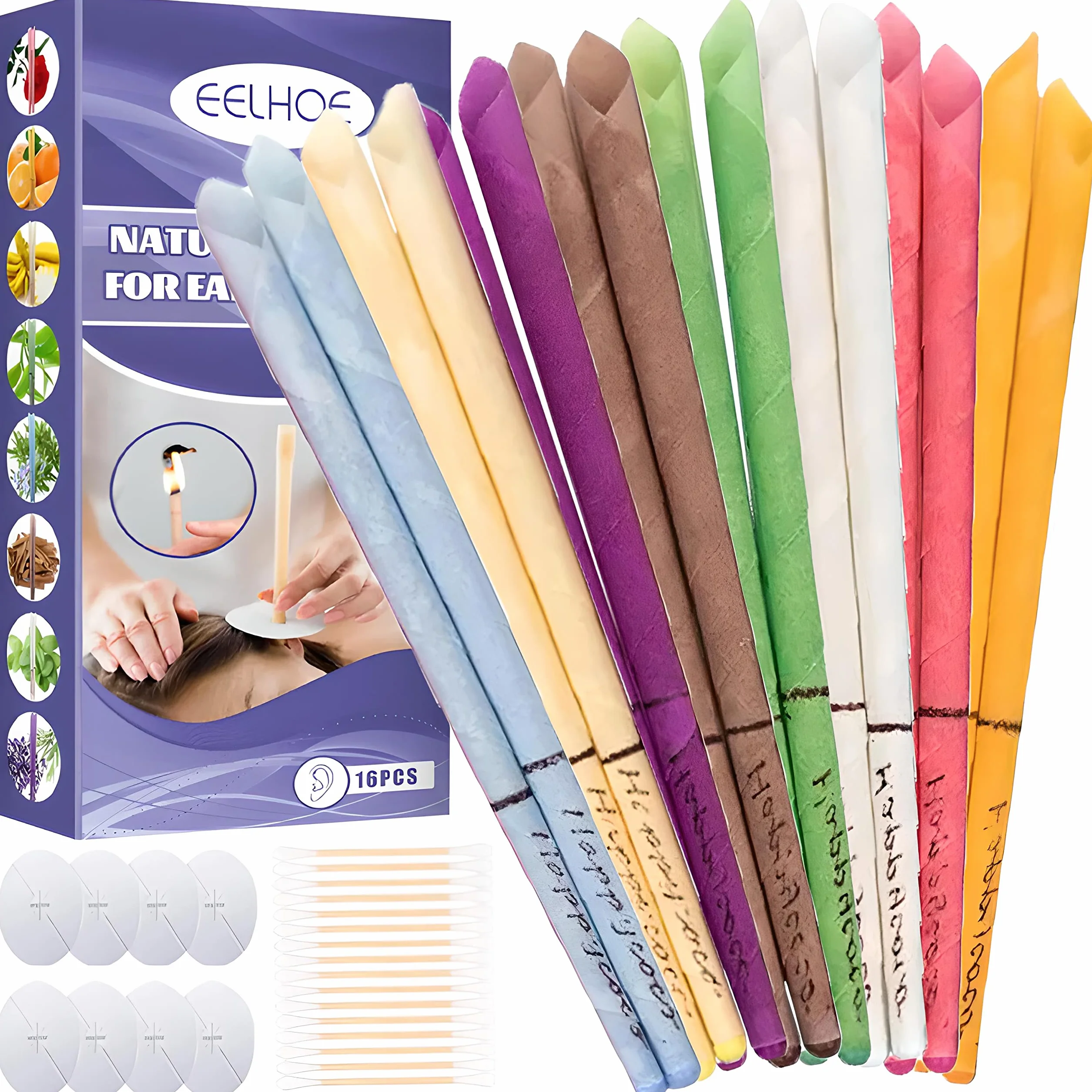 Retoo 16 sztuk świec do uszu, wosk pszczeli z filtrem bezpieczeństwa, usuwanie woskowiny usznej, długość świec 23cm, 8 kolorów, 8 podstawek, 16 patyczków/świeczek do uszu, do czyszczenia i relaksu