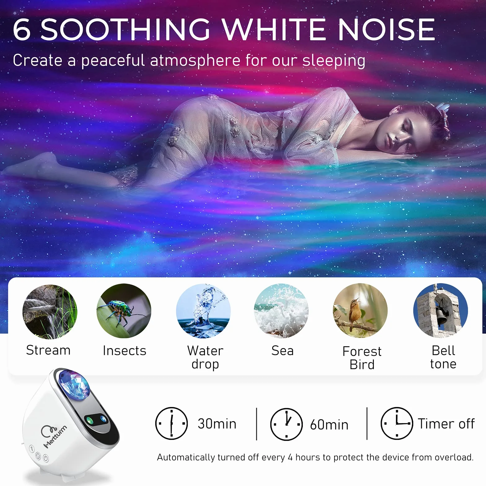 MERTTURM Projektor Star Sky, Lampka Nocna Projektora Galaxy dla Dzieci z Głośnikiem Bluetooth, Lampa Projektora LED Star do Dekoracji Sypialni, Prezent, Prawdziwy Księżyc