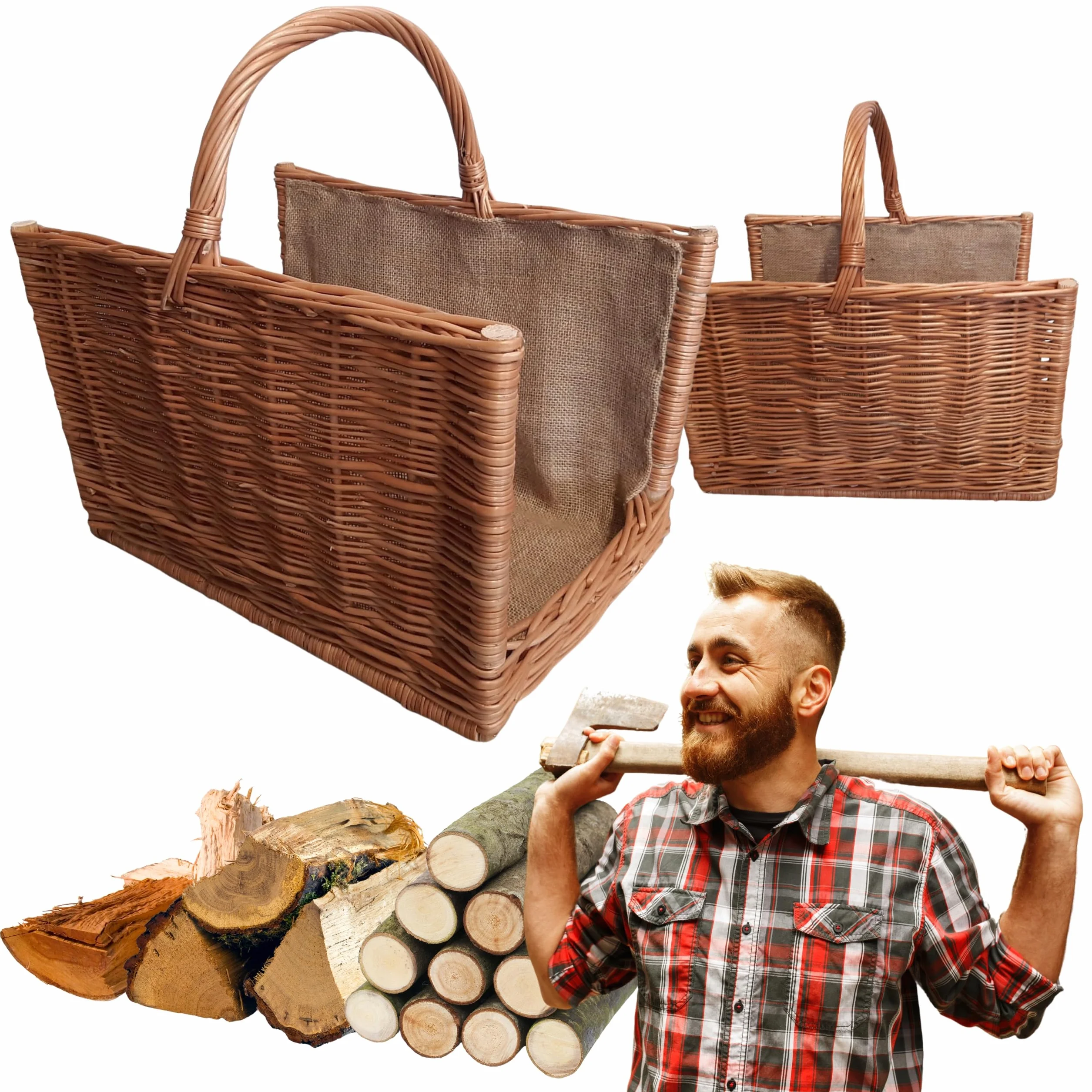 Duży Wypleciony Kosz na Drewno Opałowe do Kominka 47 x 30 cm Wiklinowy Kosz z Solidnym Uchwytem i Jutową Tkaniną