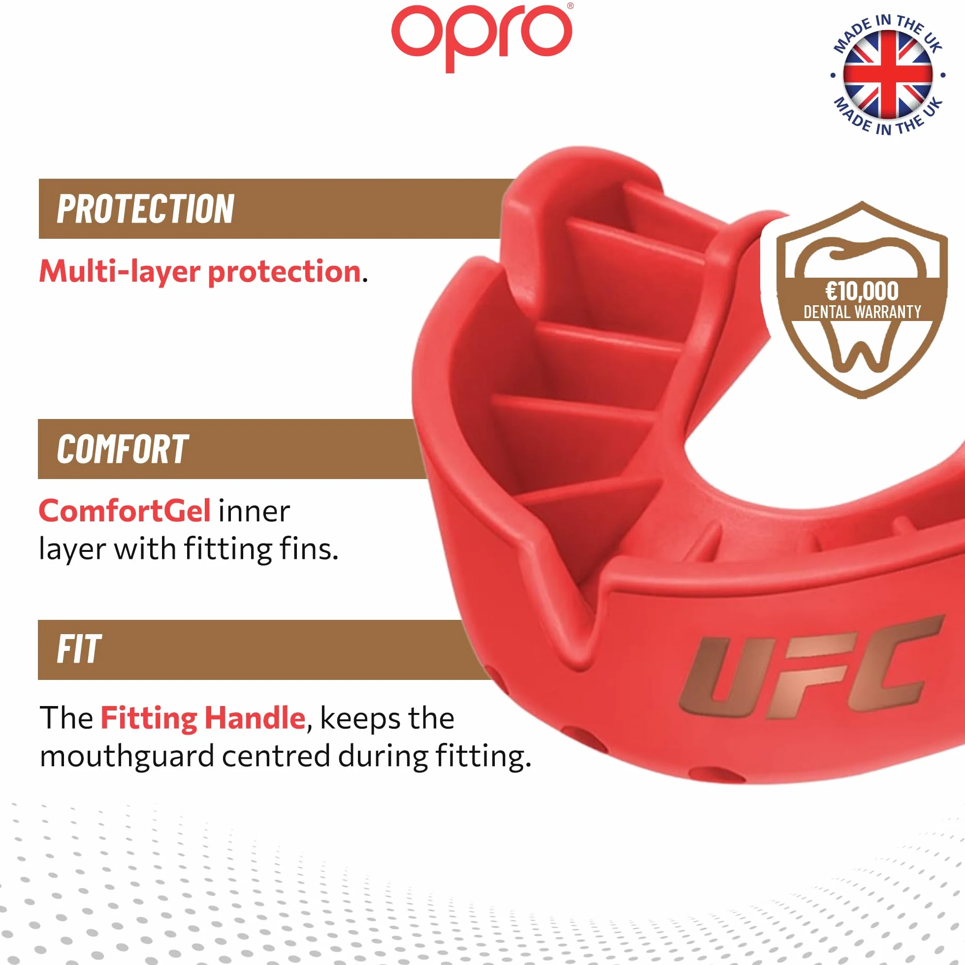 OPRO Bronze Level UFC sportowa osłona na zęby dla dorosłych i młodzieży z etui i urządzeniem montażowym, osłona dziąseł do UFC, MMA, boksu, BJJ i innych sportów walki (czerwona, dla dorosłych)