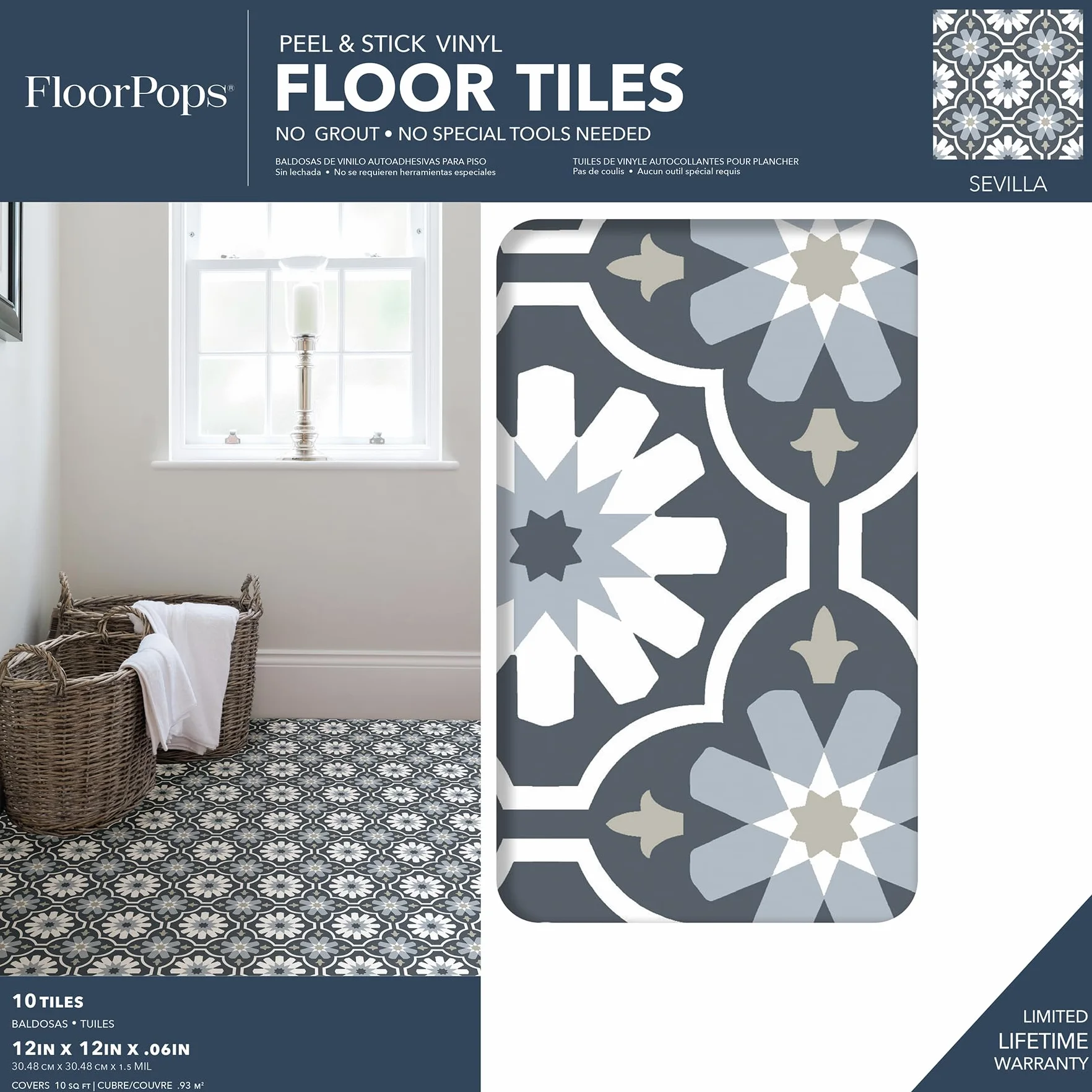 FloorPops FP2944 Sevilla płytki podłogowe Peel & Stick szare 152 cm x 61 cm x 0,2 cm