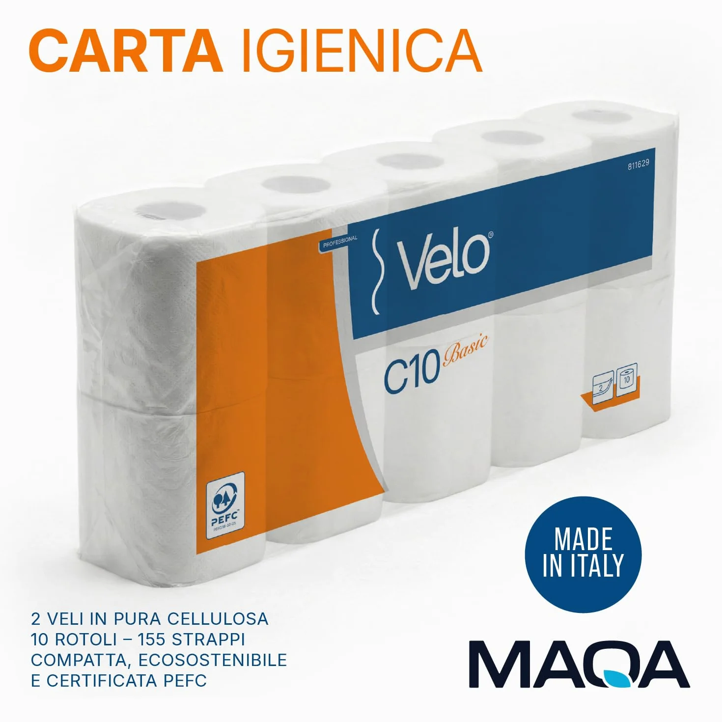 VELO 10 rolek papieru toaletowego 2 grubości biały biodegradowalny papier toaletowy 155 łez w rolce
