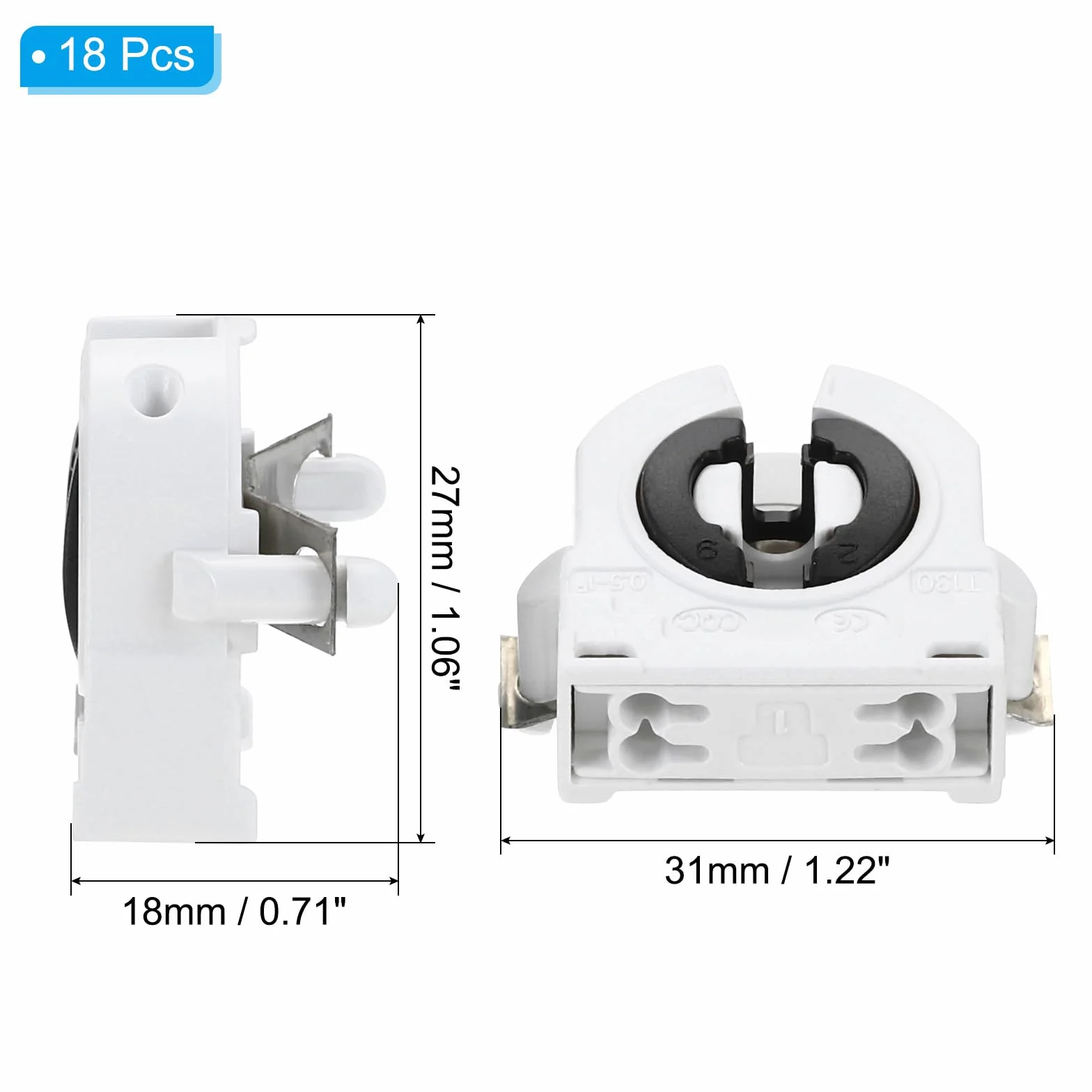 PATIKIL T8 uchwyt do świetlówki, 18 szt. G13 oprawka świetlówki LED 250 V nieprzełączany typ obrotowy uchwyt do lampy zamiennik, 27 x 31 x 18 mm