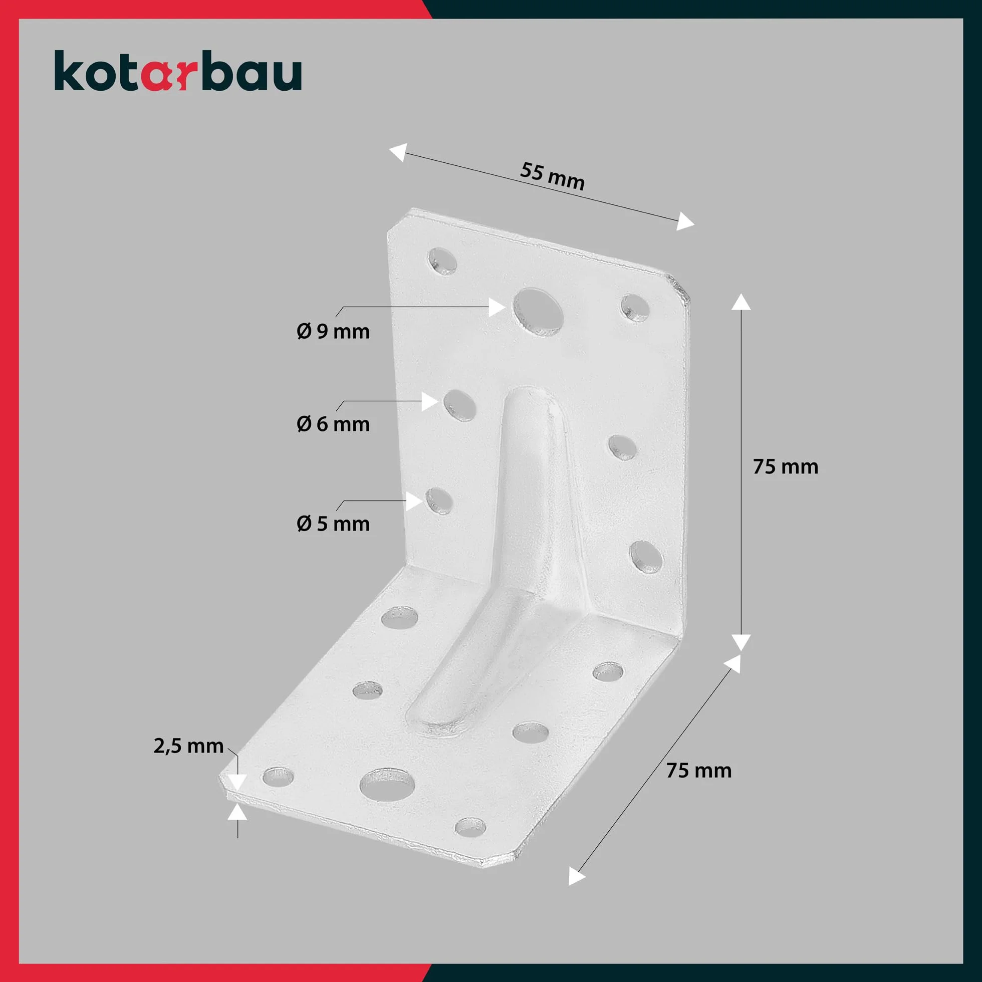 KOTARBAU® 25 szt. Kątownik Ciesielski - Łącznik Budowlany - 75 X 75 X 55 MM - Stal ocynkowana - Z Przetłoczeniem