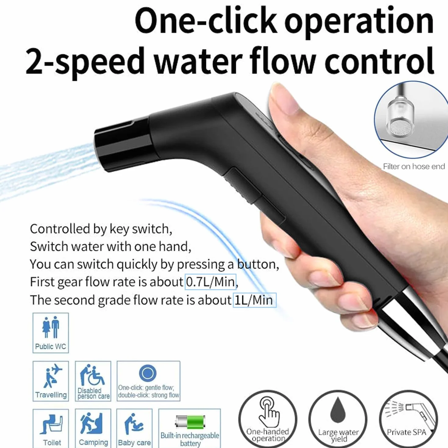 Przenośny bidet elektryczny, przenośny B-idet do podróży, ładowany ze zbiornikiem na wodę 2,3 l, mini ręczny wysokociśnieniowy opryskiwacz B-idet P-ortable do łazienki, kampera samochodowego kempingu