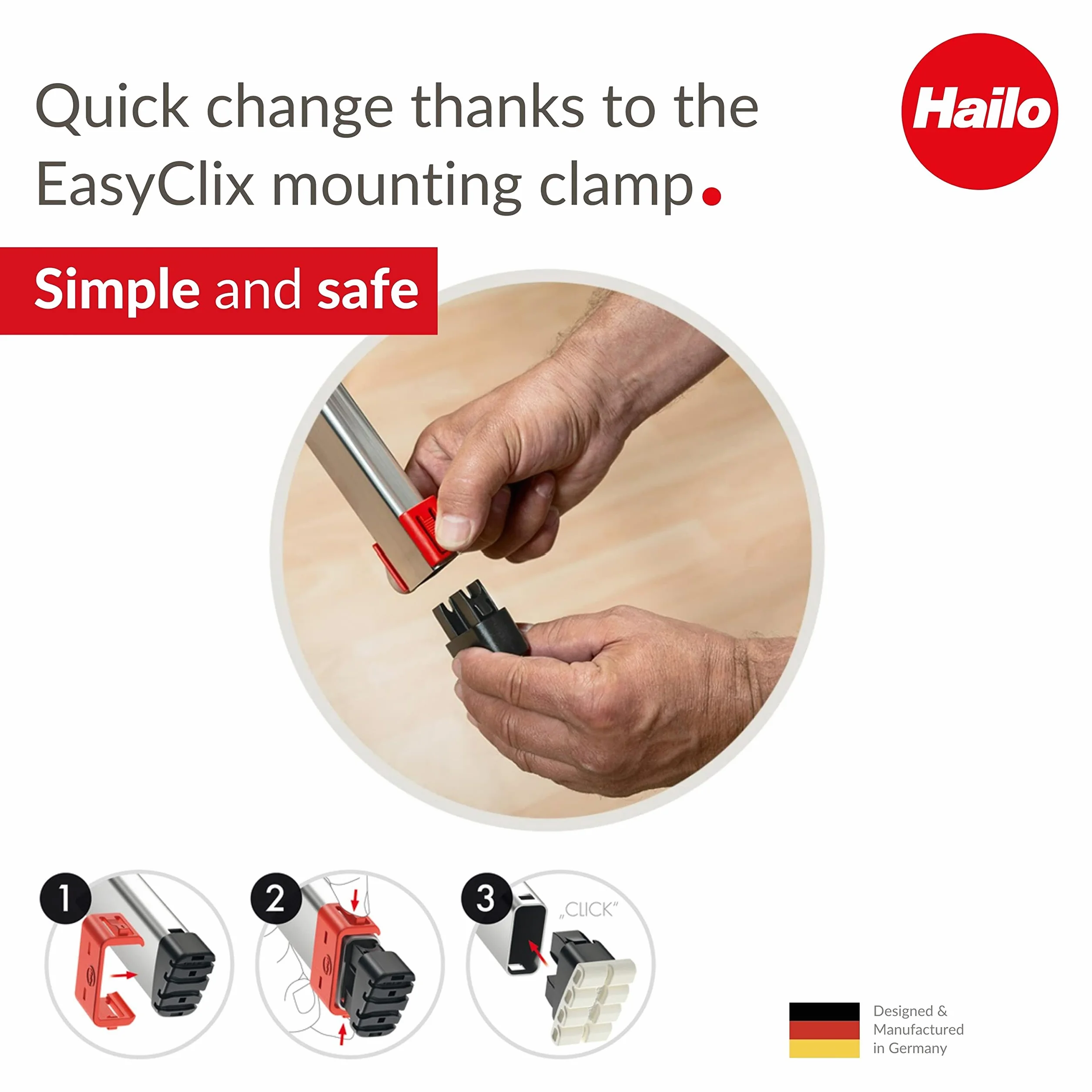 Hailo EasyClix Living Size L – zestaw wymiennych nóżek do drabin stojących Hailo – łatwa i szybka wymiana – chroni wrażliwe podłogi przed zadrapaniami i paskami – antypoślizgowa podstawa – miękki