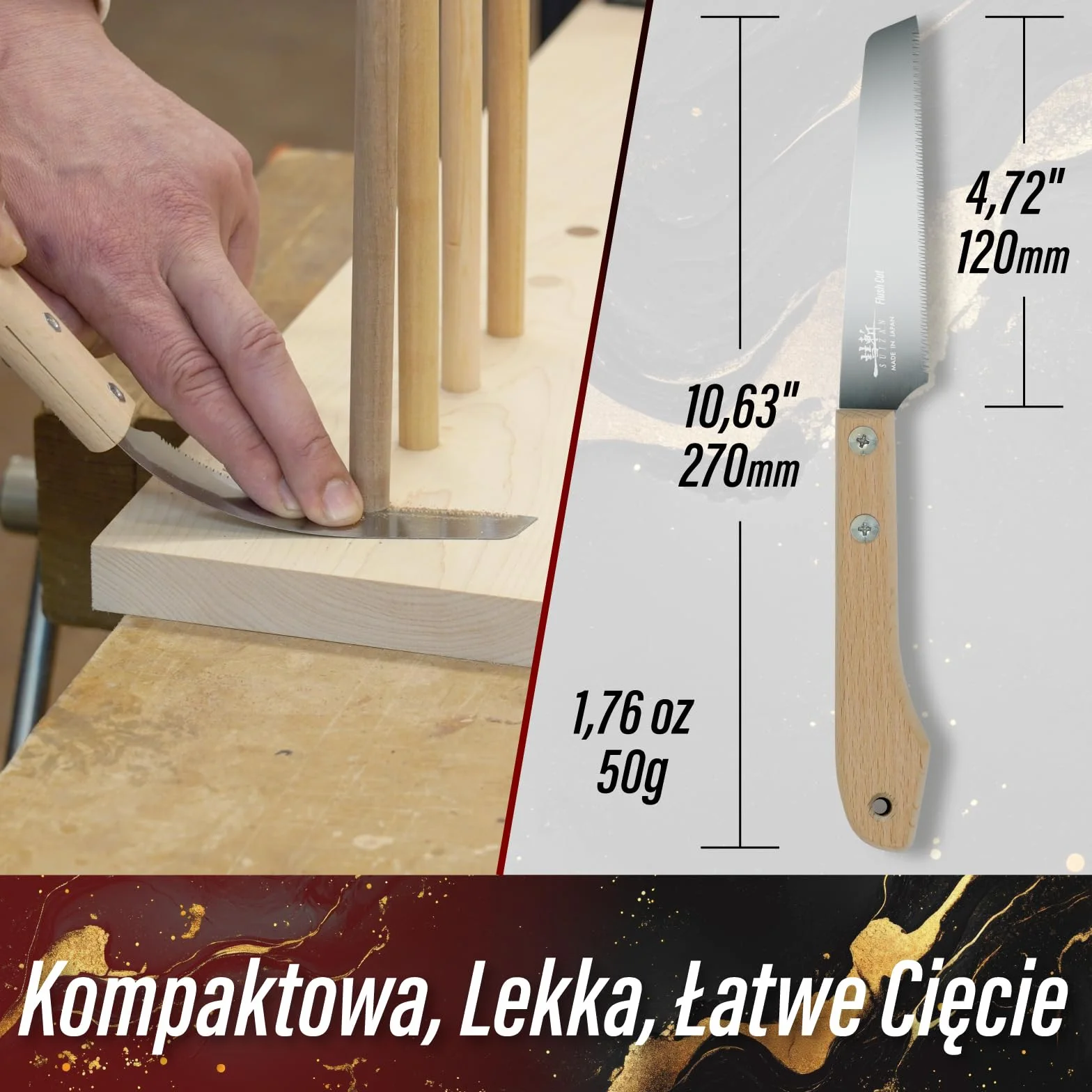 SUIZAN Mała Piła Ręczna 120mm Ostrze do Cięcia Płaskiego - Kompaktowa Japońska Płatnica Ciągniona Jednostronna Narzędzia Stolarskie do Kołków