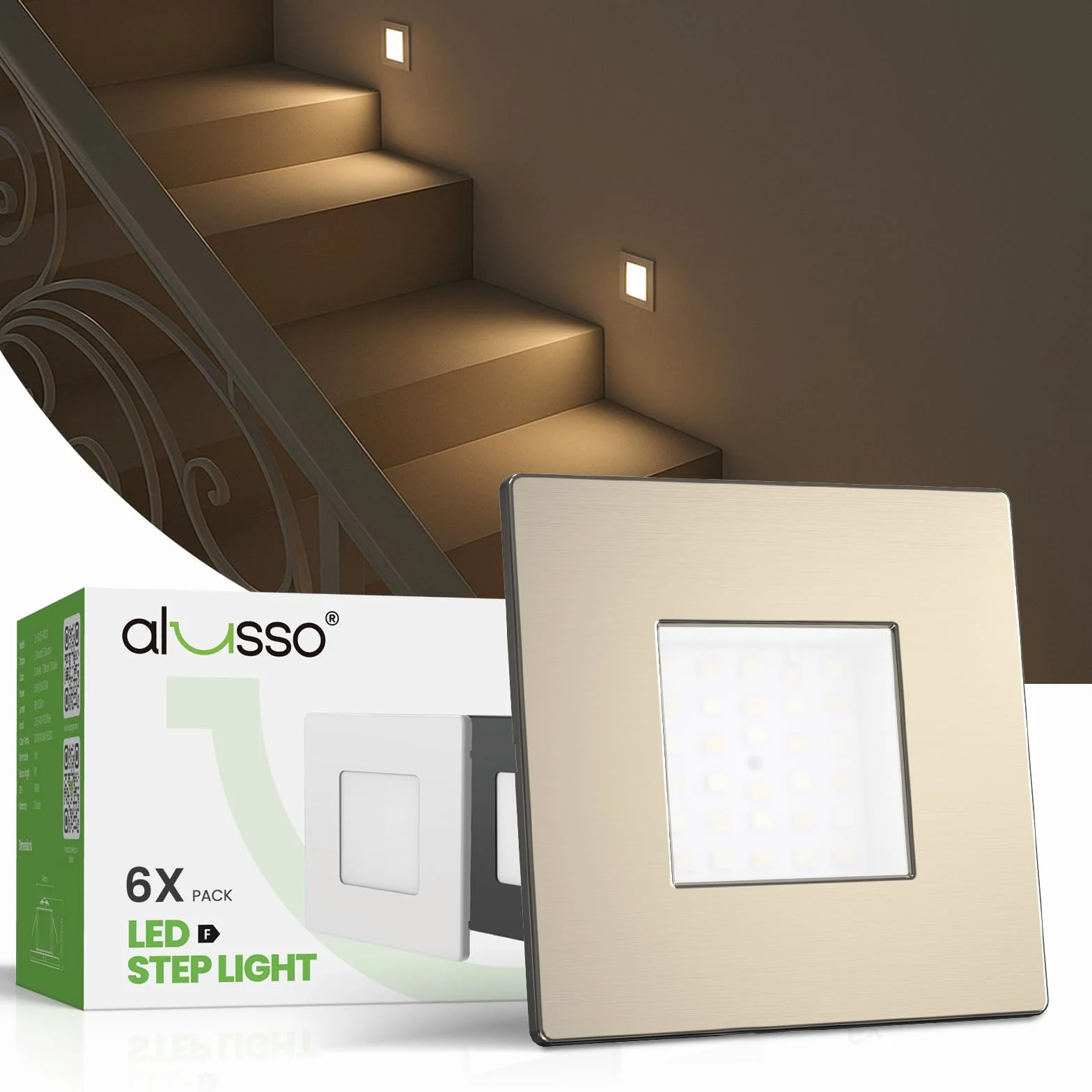 ALUSSO Zestaw 6 oświetlenia schodów LED, 230 V, możliwość ściemniania, 3CCT, ciepła biel, neutralna biel, zimna biel, 3 W, 0,5 W, 1,5 W, 2,5 W, IP44, oświetlenie schodów, oświetlenie schodów