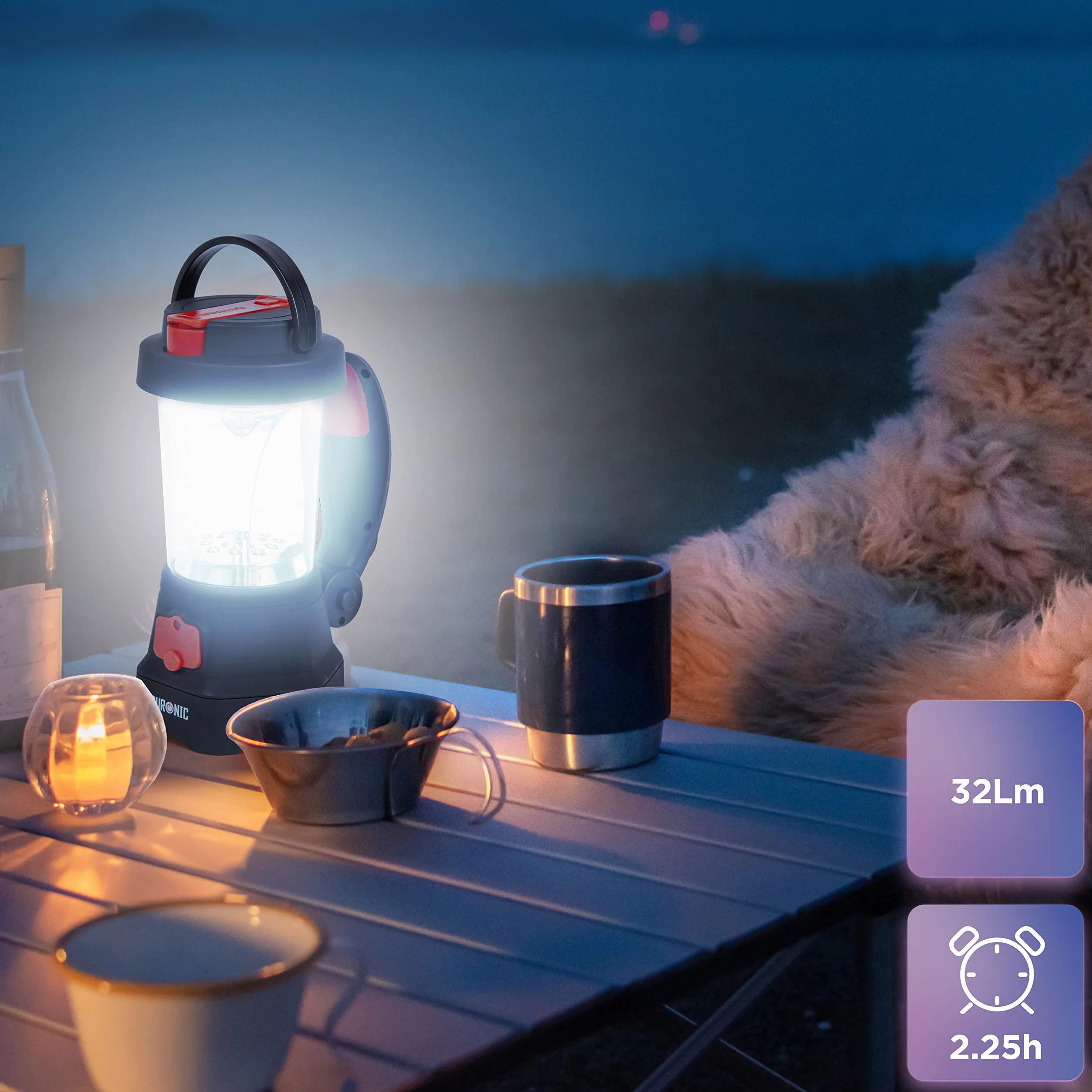 Duronic Hurricane Lampa Turystyczna Dynamo USB SOS | Latarka i Lampa na Biwak | Nie Wymaga Baterii | Ruchoma Rączka i Schowek na Kabel