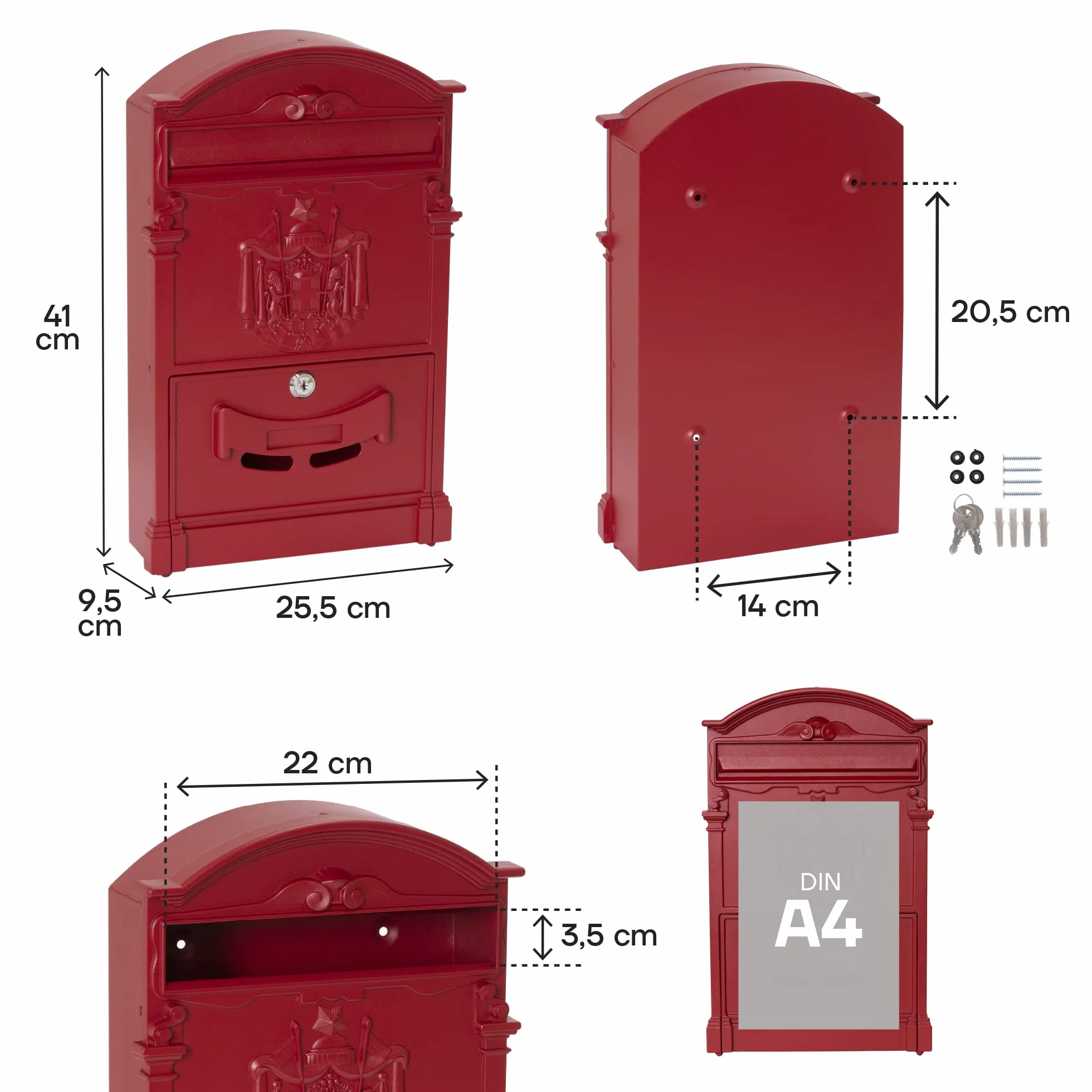 Arregui Residencia D-2151/V indywidualna skrzynka na listy z Aliminium w klasycznym stylu, rozmiar M (DIN A4), czerwona, 42 x 26 x 9 cm