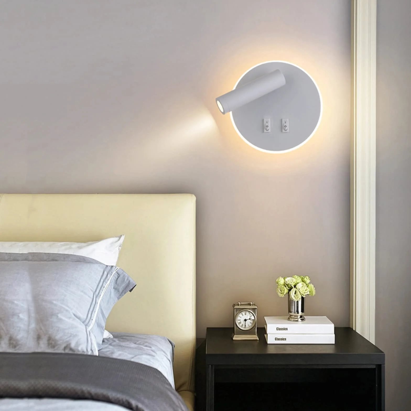 Lampa ścienna uksunvi LED, lampa ścienna do czytania nocnego, 12W lampy do czytania ścienne LED, regulowane reflektory (3W +9W 3000K ciepłe światło) czarne (Okrągły biały)