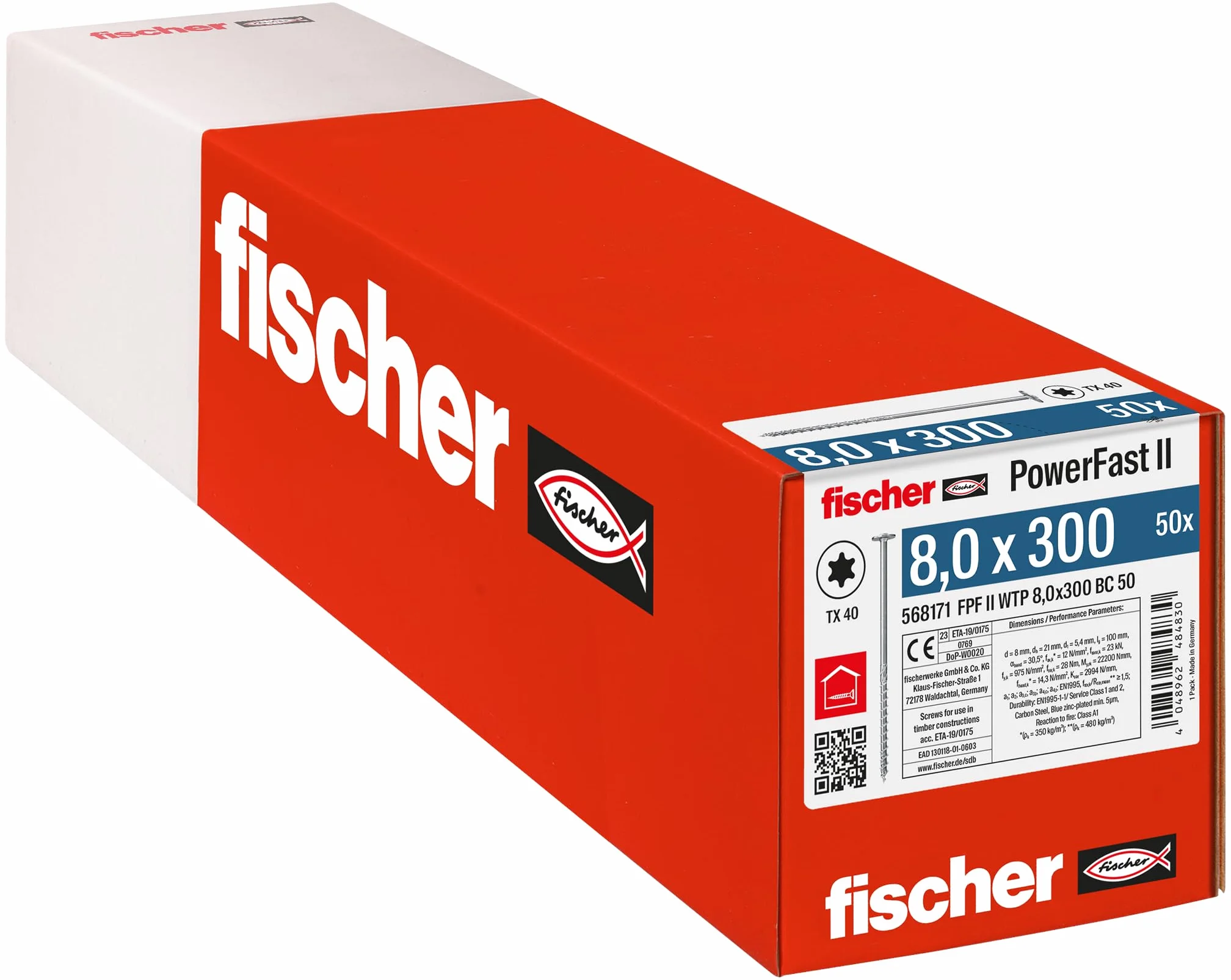 fischer 568171 WTP 8,0 x 300, 50 szt. PowerFast II wkręt do drewna, srebrny