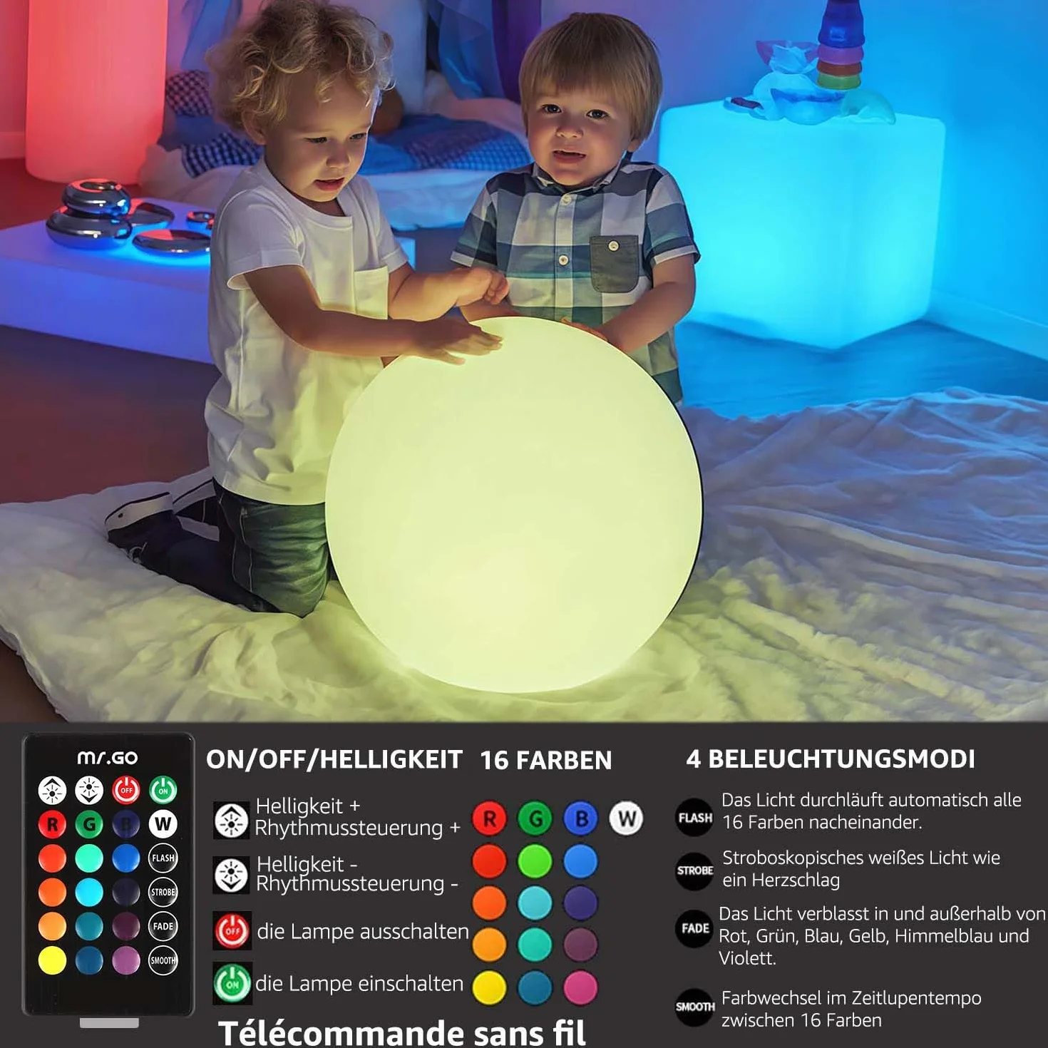 Mr.Go 40cm LED Kugelleuchte Wasserdichte Außenlampe mit Farbwechsel RGB 16 Farben Fernbedienung