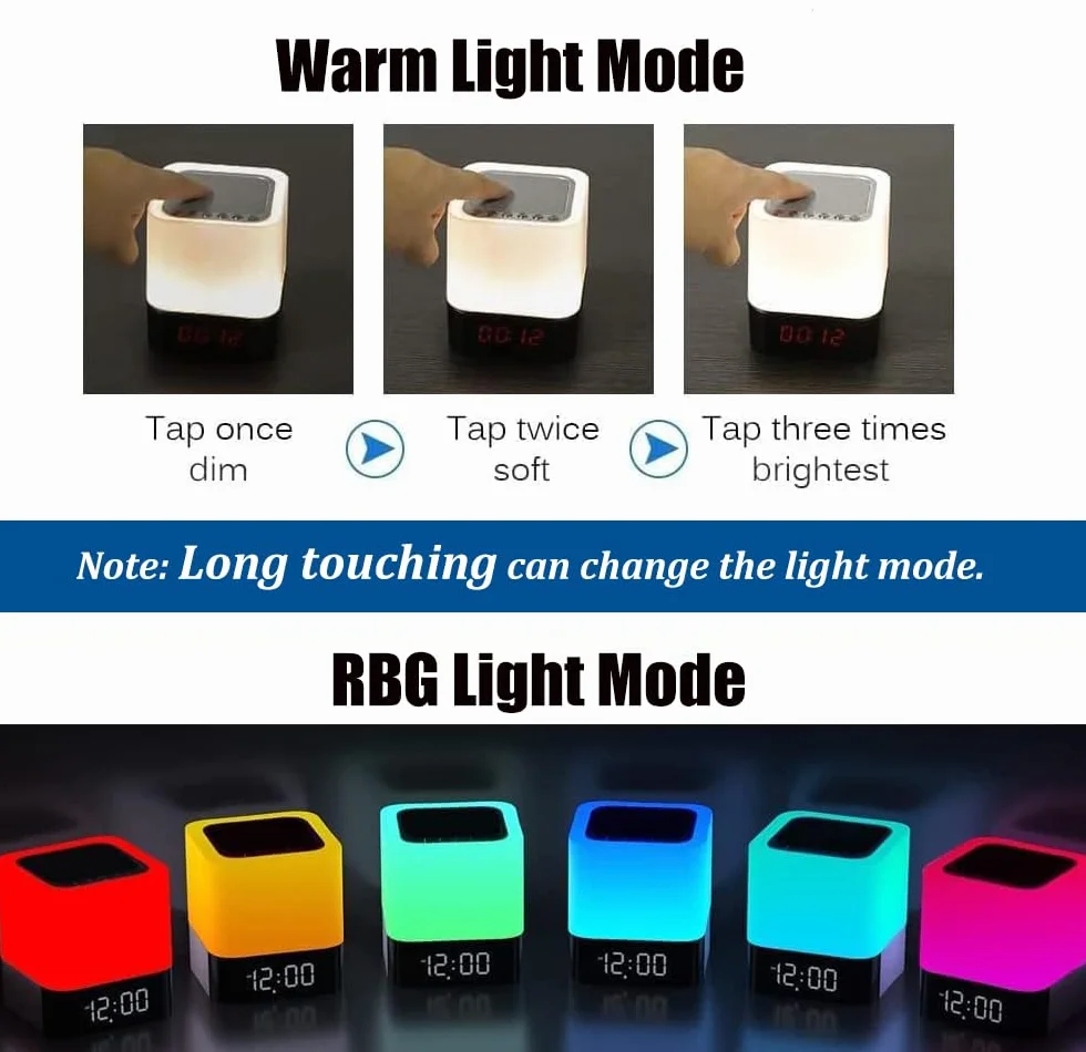 Głośnik Bluetooth 5 w 1 ze światłem, budzik świetlny RGB, zmiana kolorów, lampka nocna, dotykowa, ściemniana, budzik cyfrowy z USB, zestaw głośnomówiący, odtwarzacz MP3, fajne rzeczy dla