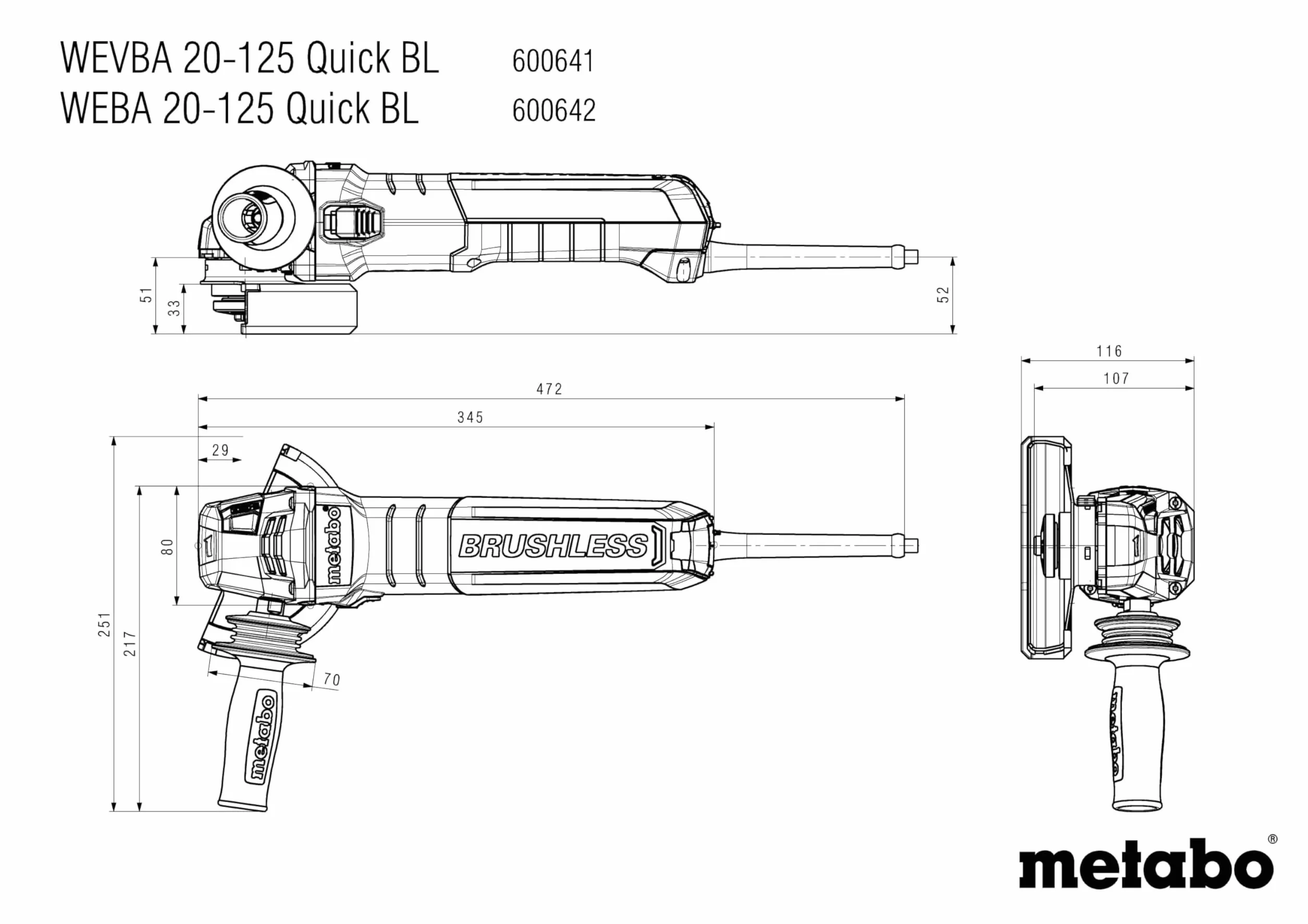 metabo Szlifierka kątowa WEVBA 20-125 Quick BL – 2000 W, 125 mm, 11000 obr./min, 3,5 Nm – silnik bezszczotkowy, VTC Elektronika, system M-Quick-System, uchwyt antywibracyjny, filtr przeciwpyłowy