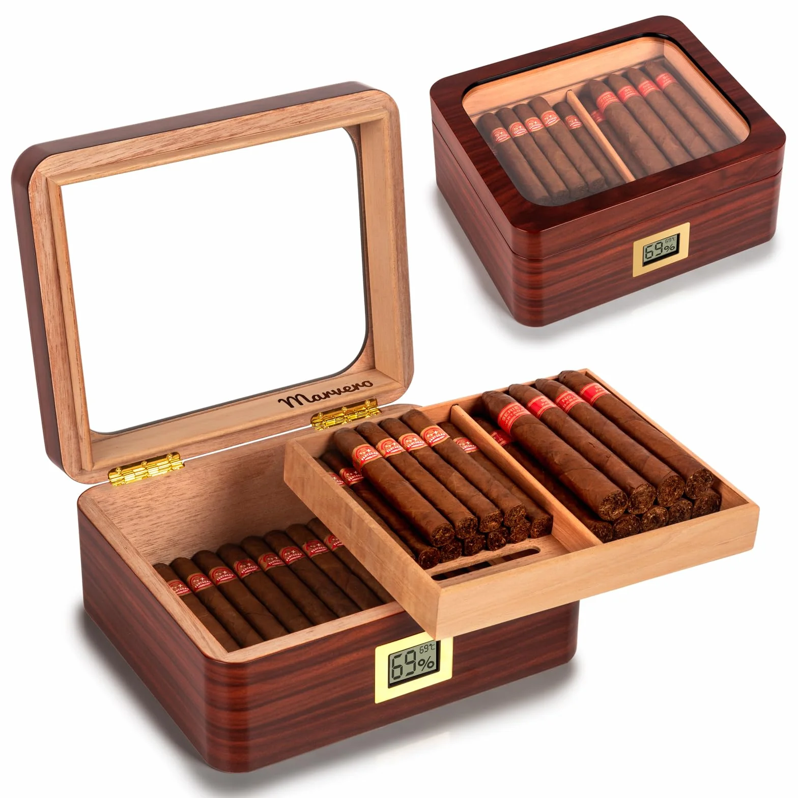 Humidory do cygar, humidory, hiszpańskie cygara, drewniane pudełko na cygara, z nawilżaczem humidorowym, higrometrem, dzielnikiem, prezent dla miłośników cygar (50 cygar)