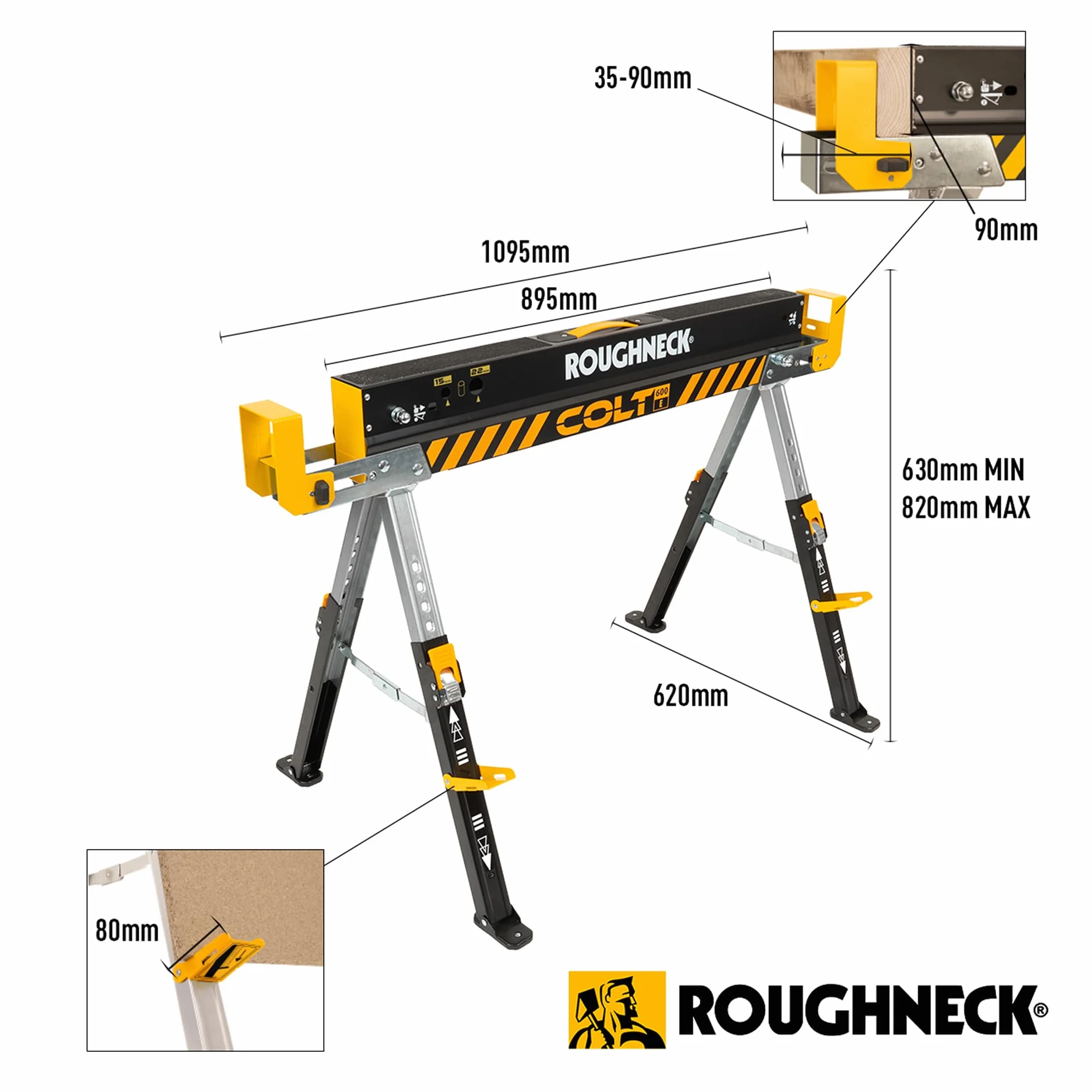 ROUGHNECK® COLT 600E Sawhorse, Heavy Duty Steel Construction, Weight-Baring Capacity 589kg each, 1178kg Per Pair with Height Adjustable Legs for Woodworking & Construction – 2 Pack